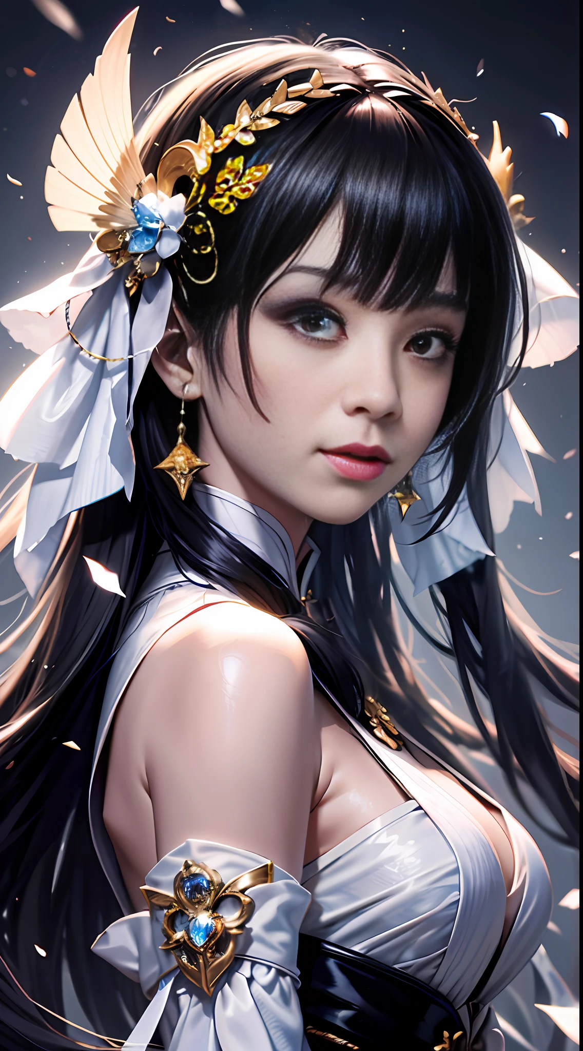 black hair, hair over shoulder, long hair, parted bangs, floating hair, hair flaps, hair ribbon, kanzashi, hair bobbles, mouth veil, smile, light smile, Surrealism, high detail, Luminism, chiaroscuro, cinematic lighting, depth of field, motion blur, god rays, ray tracing, reflection light, panorama, wide shot, UHD, masterpiece, ccurate, anatomically correct, textured skin, super detail, high details, high quality, award winning, best quality, highres, 4K, 8k，中国古代，绝世美女，中式紫色连衣裙，衣服上有金色花朵，紫色长靴，手拿宝剑，优美的动作，舞蹈动作，掉落的石块，生锈的铁链，