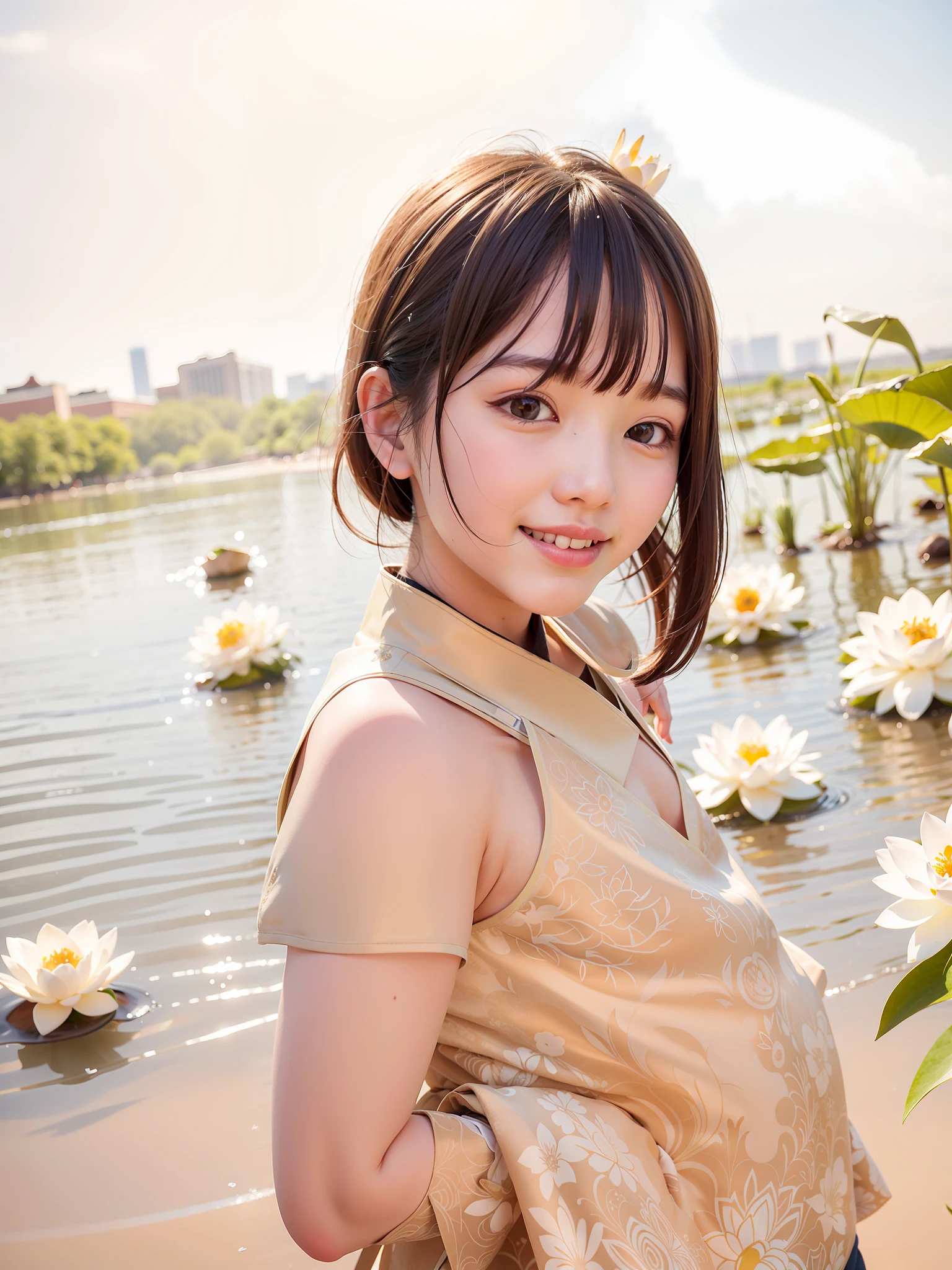 Wearing Hanfu with lotus flowers, rice dumplings, sunlight on the background --auto --s2