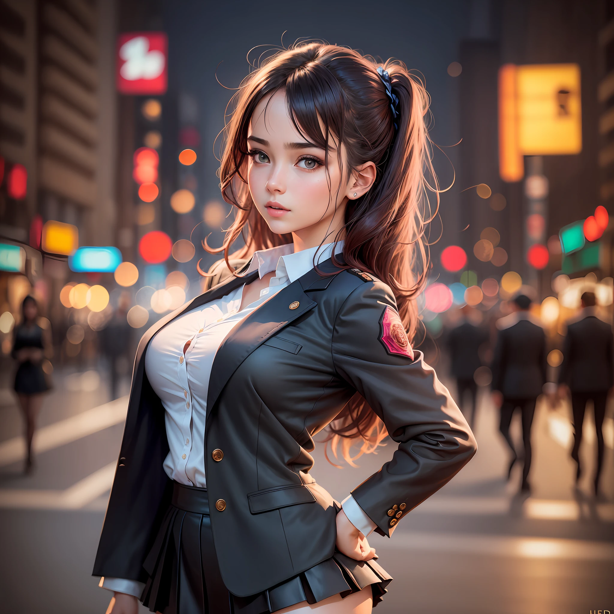 best quality, masterpiece, 1girl, Beautiful face, (photo realistic:1.3), glow skin, a red colored rose in her hair on the head, rim lighting, (high detailed skin:1.2), 8k uhd, dslr, high quality, high resolution, 4k, 8k, Bokeh, absurdres, best ratio four finger and one thumb, (realistic:1.3), cute 1girl, wearing black formal blazer, medium breasts, short skirt, in her behind policeman standing with gum