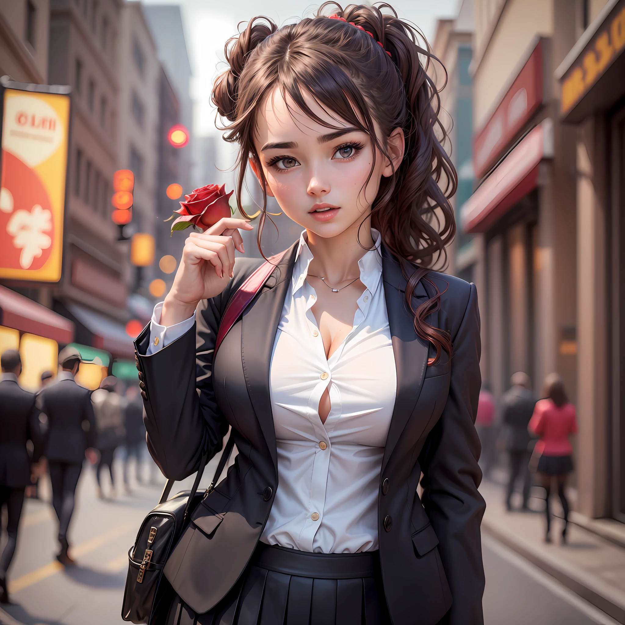 best quality, masterpiece, 1girl, Beautiful face, (photo realistic:1.3), glow skin, a red colored rose in her hair on the head, rim lighting, (high detailed skin:1.2), 8k uhd, dslr, high quality, high resolution, 4k, 8k, Bokeh, absurdres, best ratio four finger and one thumb, (realistic:1.3), cute 1girl, wearing black formal blazer, medium breasts, short skirt, in her behind policeman standing with gum