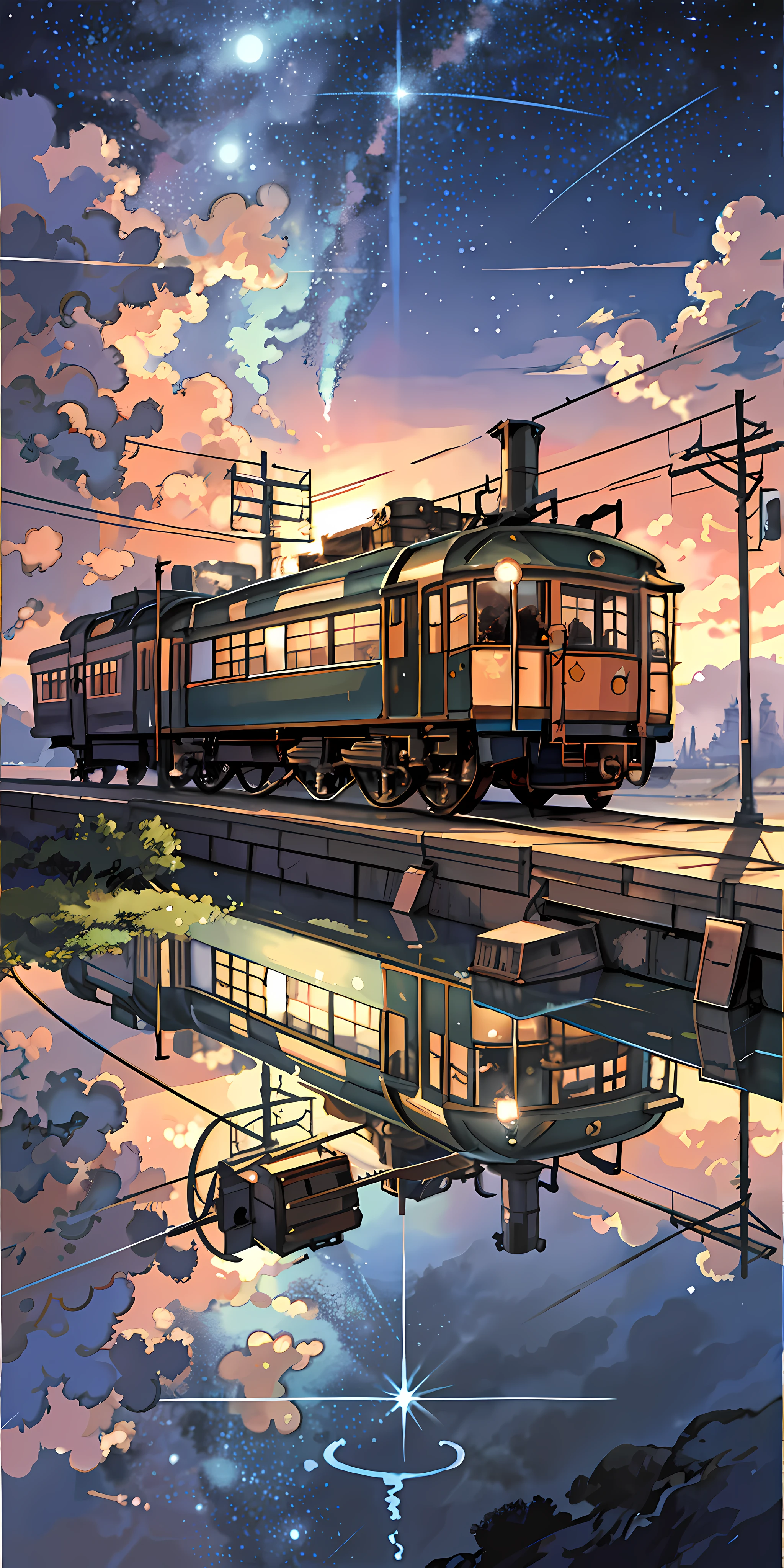 High quality masterpiece, landscape, anime train passing through bodies of water on tracks, bright starry sky. Romantic train, pixiv, concept art, lofi art style, reflection. by Makoto Shinkai, lofi art, Beautiful anime scene, Anime landscape, detailed scenery —width 672, in style of Makoto shinkai, style of Makoto shinkai, enhanced details.