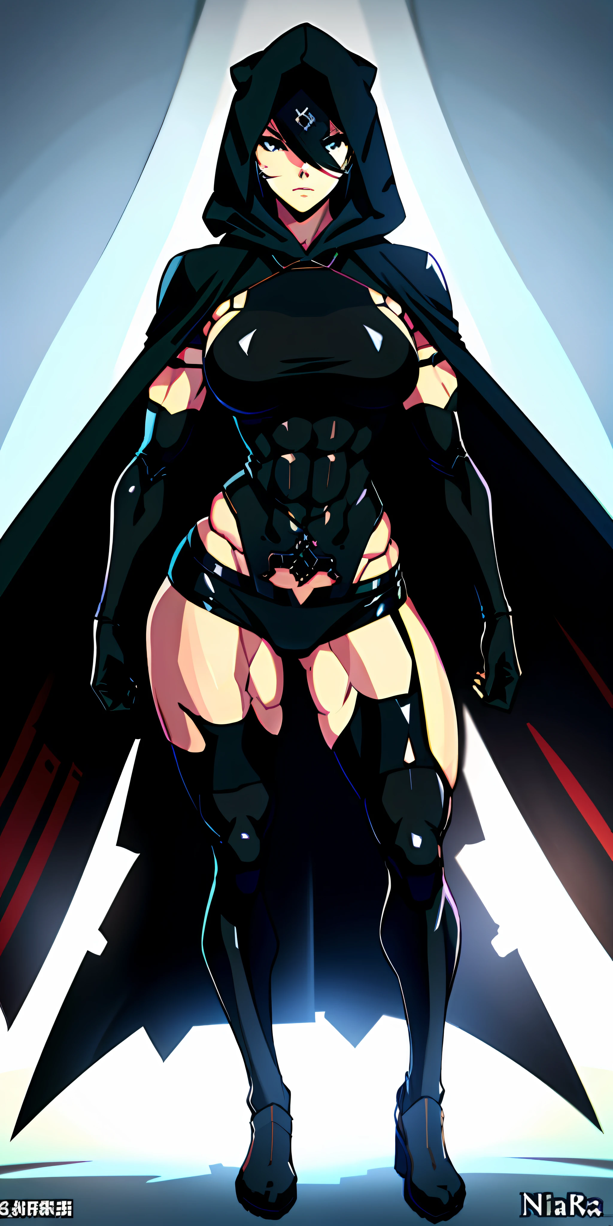 anime waifu bodybuilder, cute face, serious face, perfect body, fit body, abdomen, large breasts, muscular, A2 of nier automata, ninja outfit, with black cape and hood