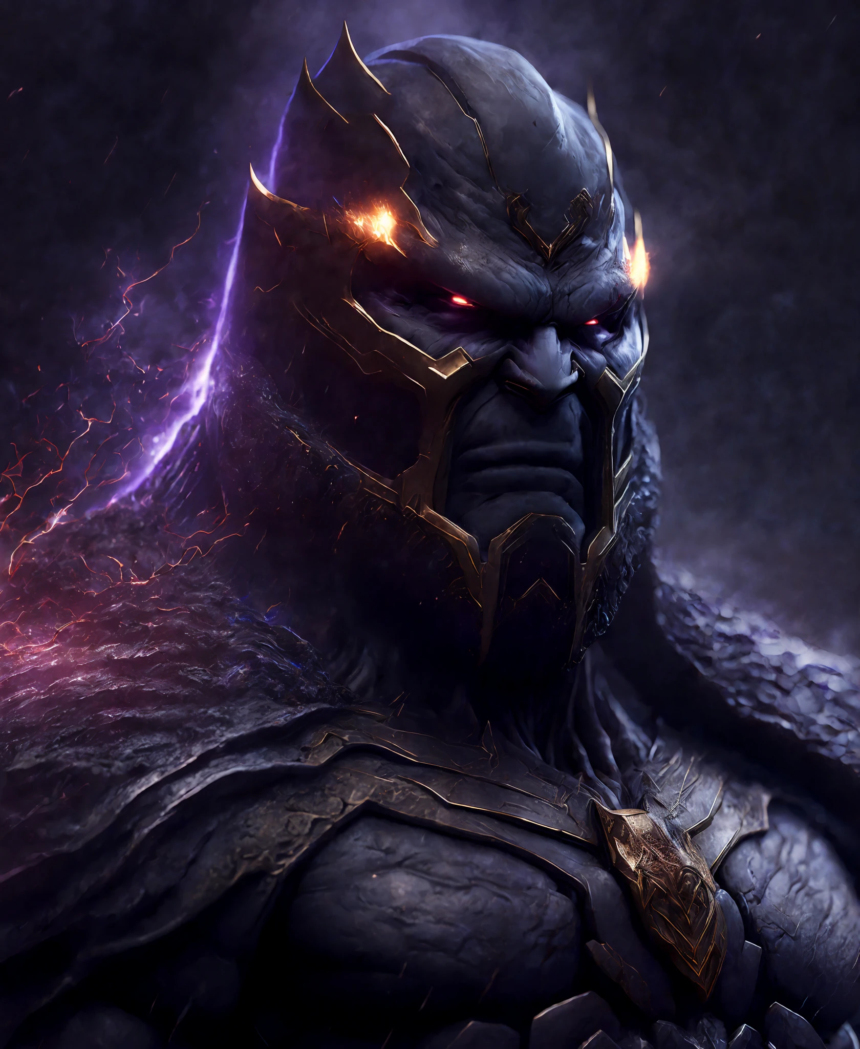 Close-up (Darkseid from DC in Viking style: 1.3) emerging from wet black mud, extremely detailed, smoke, sparks, metal shavings, flying debris, volumetric light