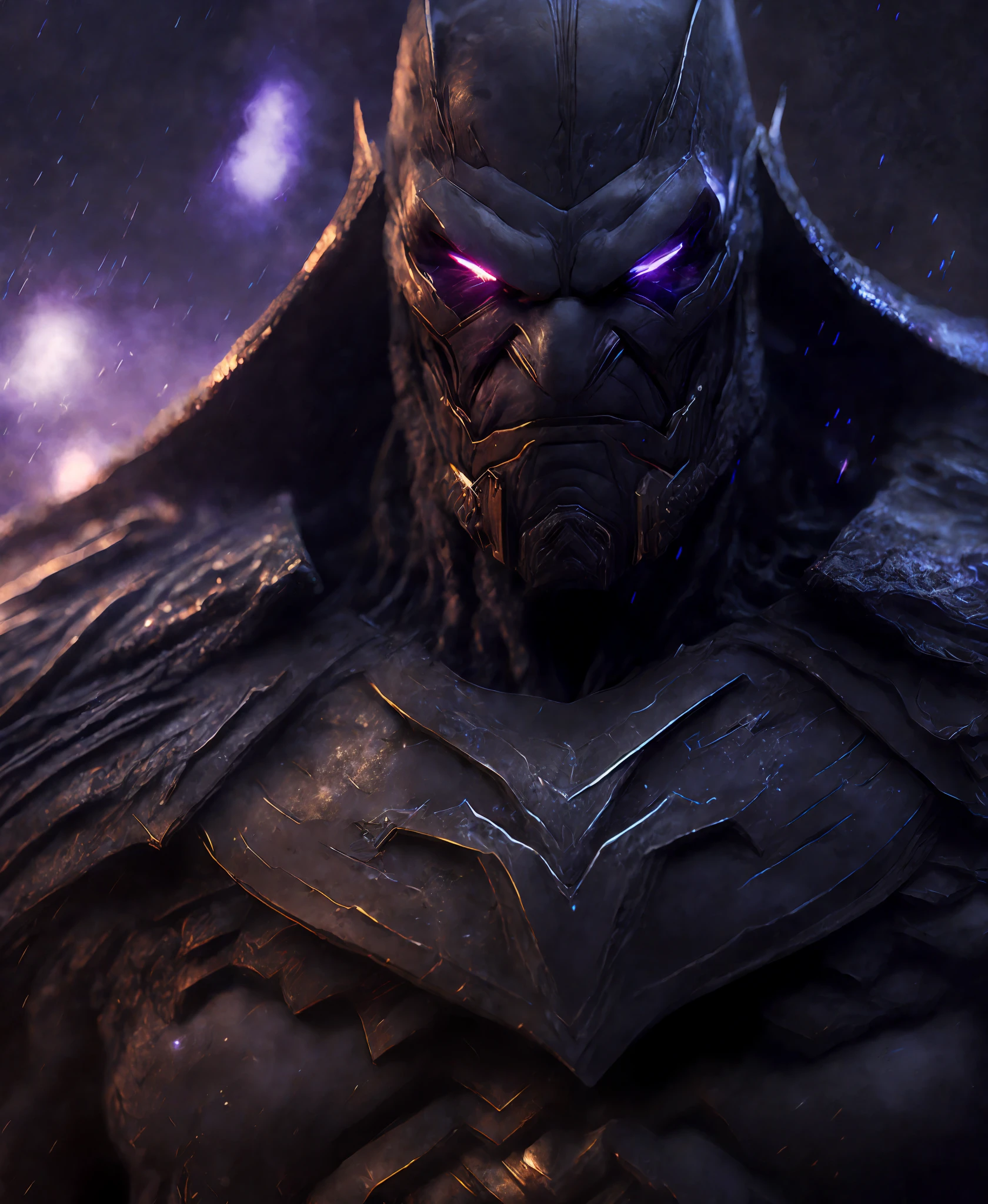 Close-up (Darkseid from DC in Viking style: 1.3) emerging from wet black mud, extremely detailed, smoke, sparks, metal shavings, flying debris, volumetric light