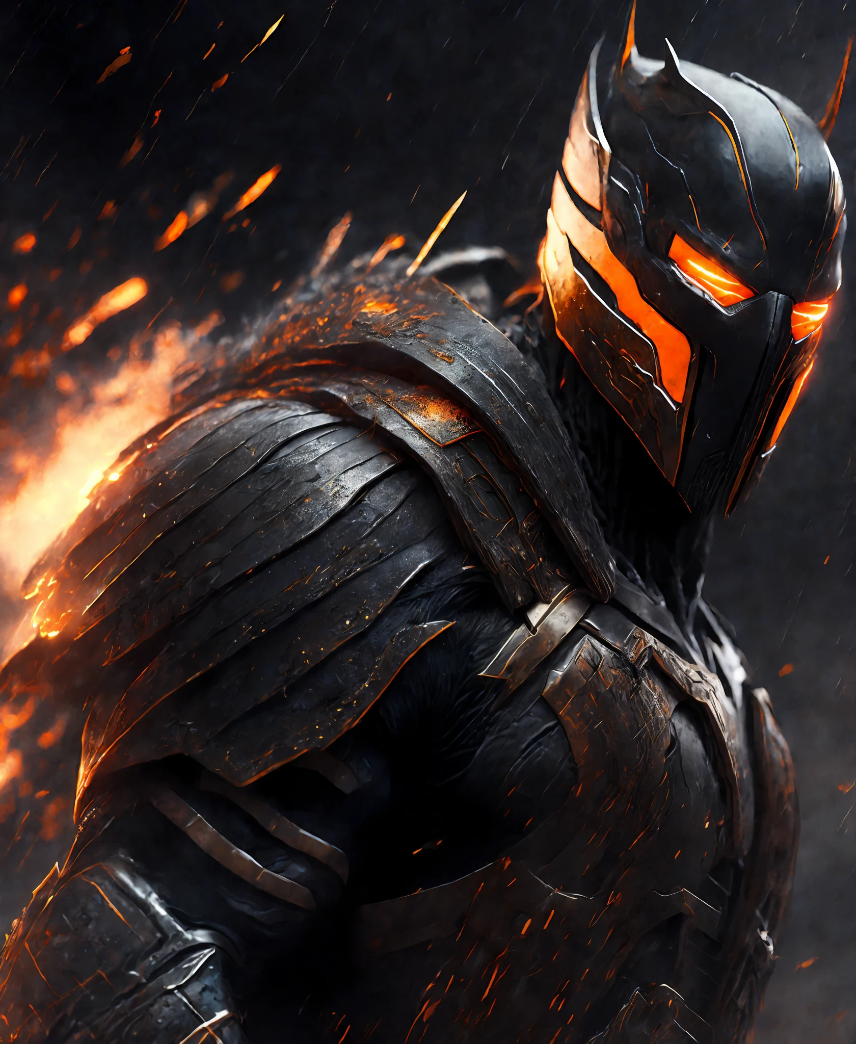 Close-up (Deathstroke from DC in Viking style: 1.3) emerging from wet black mud, extremely detailed, smoke, sparks, metal shavings, flying debris, volumetric light