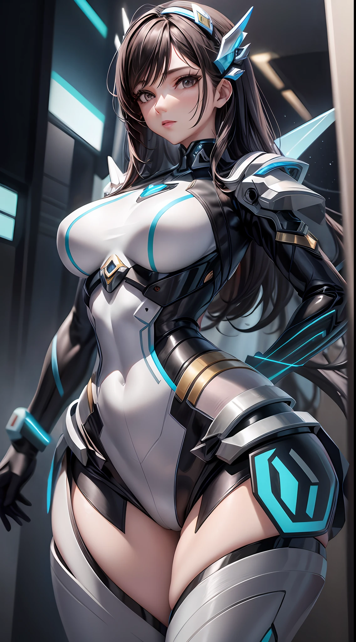 a woman in a futuristic suit with a sword,full-size photograph,Long legs, Slightly chubby,navel,Transparent skin,Perfect body shape,art feminine, Macro distance,mechanized valkyrie girl, ferra white mecha, girl in mecha cyber armor, female mecha, extremely detailed artgerm, echo from overwatch, Clear facial features,gorgeous female paladin,Advanced Rendering,depth of field