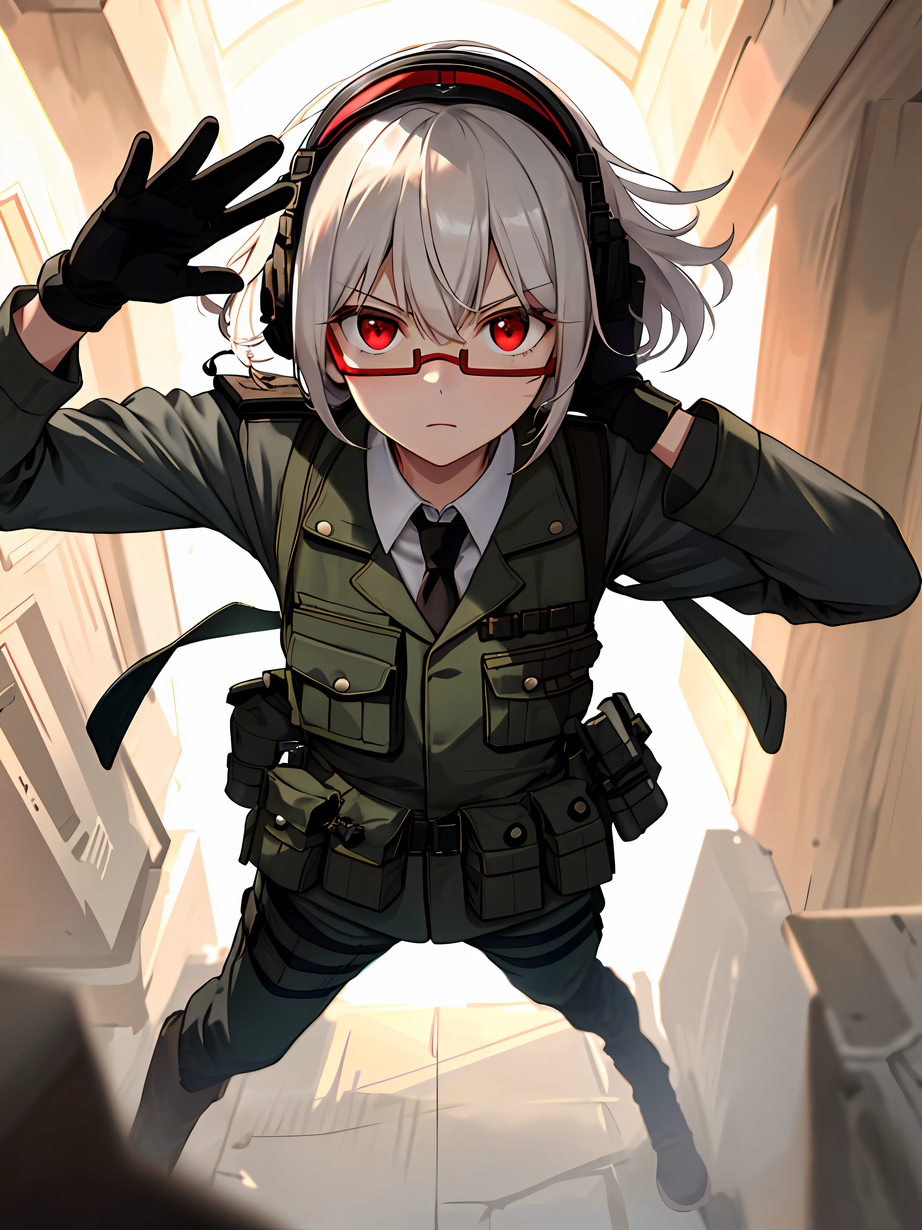masterpiece , a girl, in battlefield, ( lite white short hair:1.2), (red eyes:1.2), (German Millitary Uniform:1.2), (looks at the viewer:1.2) , (8k, best quality 1.2), ultra-detailed, 8k uhd, soft lighting, high quality, film grain, beautiful lighting, cinematic ,perfect body , best illumination, best shadow, sharpness, contrast, red glasses, messy hair, tactical vest, gloves, headset, absurdres high detailed face, serious face, salute