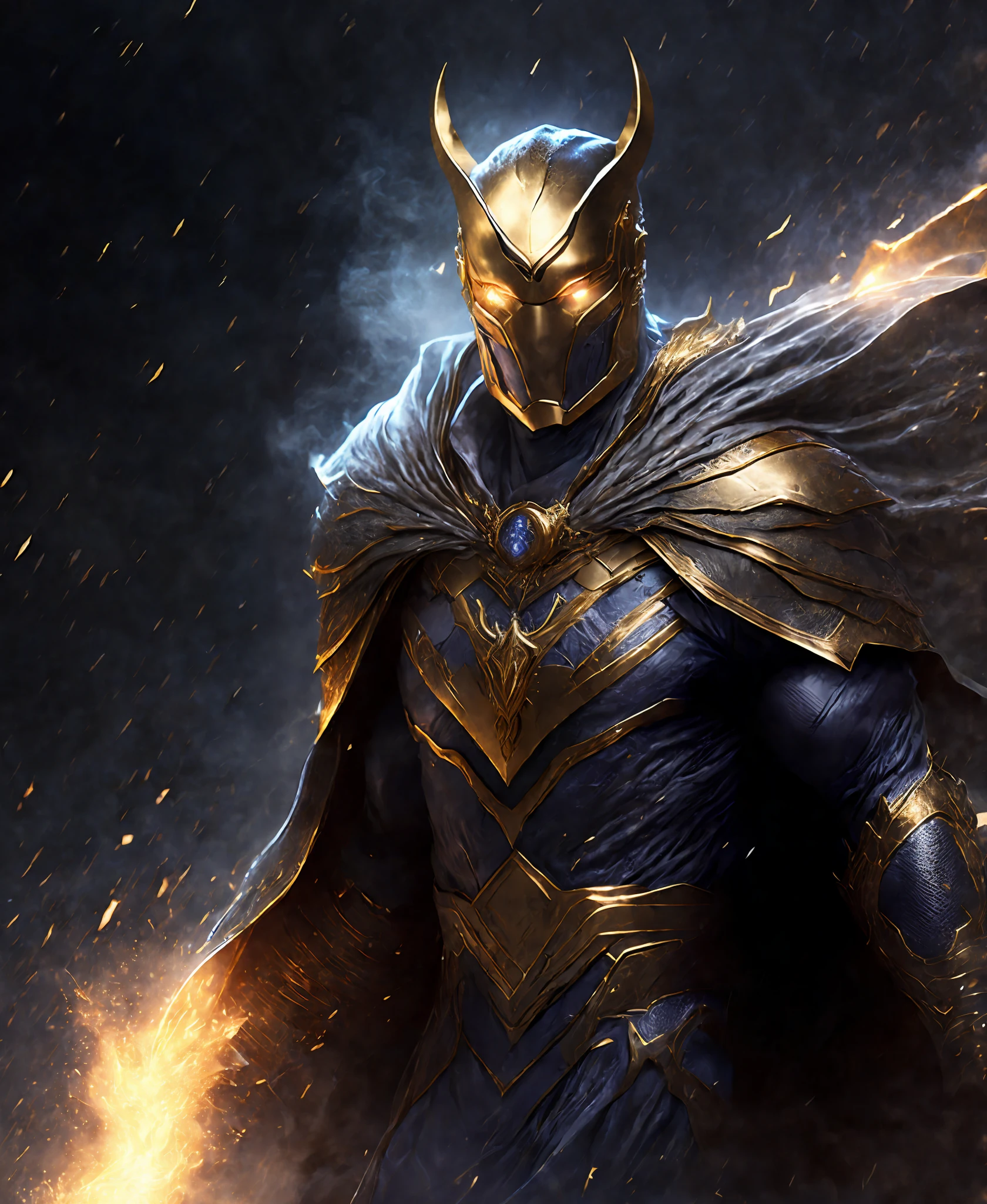 Close-up (Doctor Fate from DC in Viking style: 1.3) emerging from wet black mud, extremely detailed, smoke, sparks, metal shavings, flying debris, volumetric light