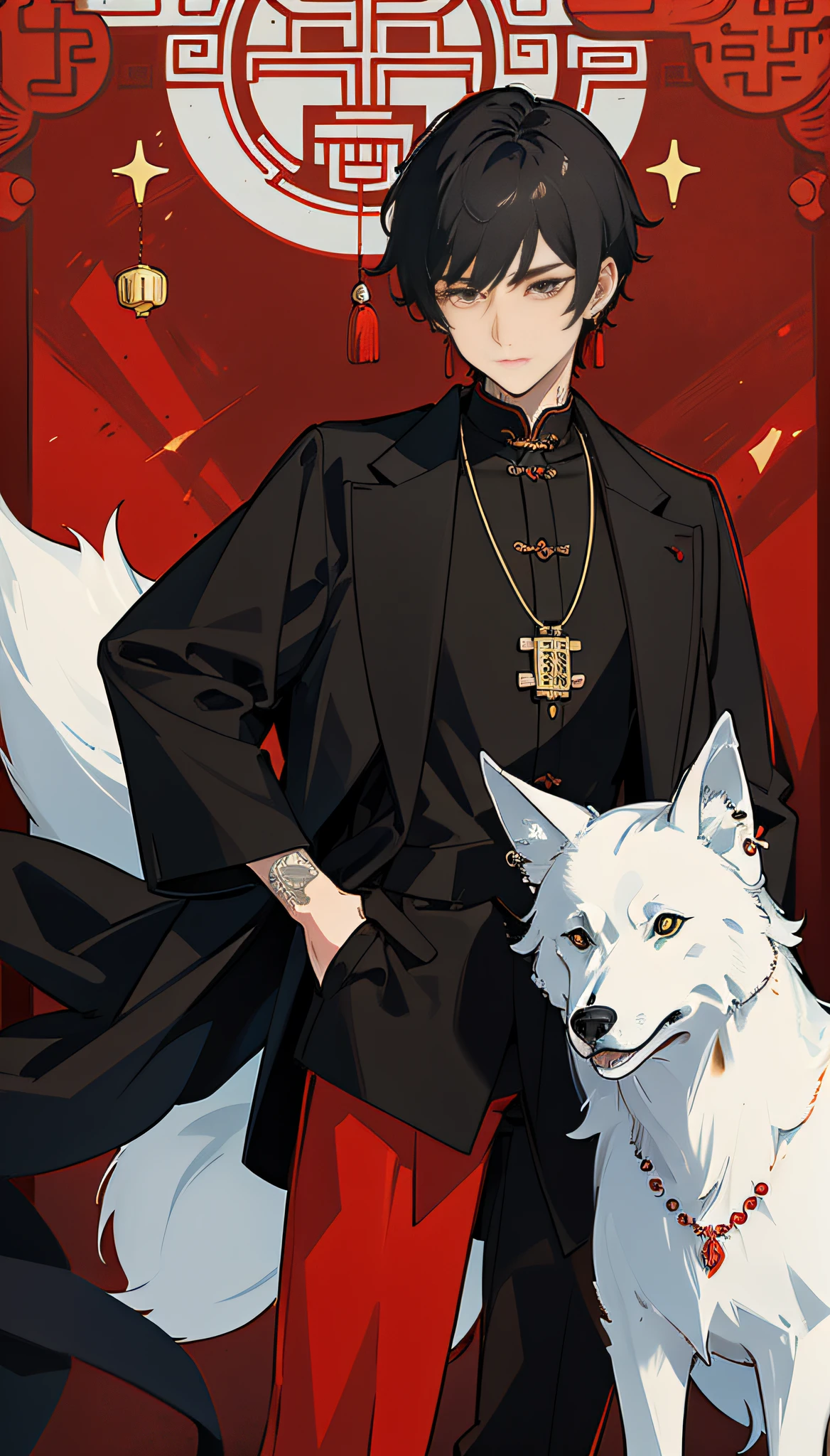 ((Masterpiece: 1.4, Best Quality))+, (Ultra Detailed)+, Looking at the Camera, Close-up Face, Black Suit, Tattoo, Necklace, Earrings, Short Hair, Hands in Pockets, Mural of a Wolf on the Back, Red Background, Cinematic Lighting, Passionate University, Chinese Style, Men