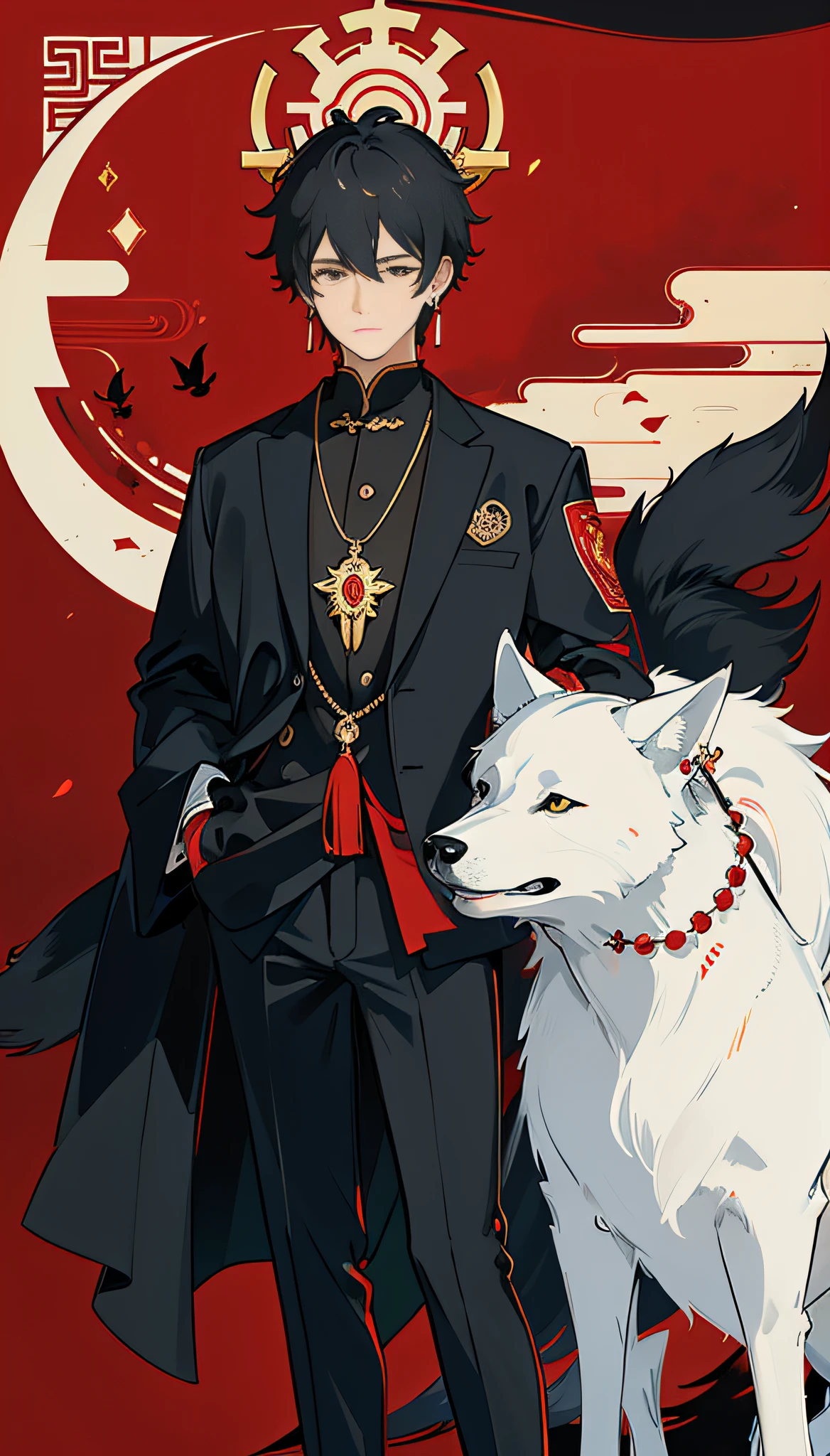 ((Masterpiece: 1.4, Best Quality))+, (Ultra Detailed)+, Looking at the Camera, Close-up Face, Black Suit, Tattoo, Necklace, Earrings, Short Hair, Hands in Pockets, Mural of a Wolf on the Back, Red Background, Cinematic Lighting, Passionate University, Chinese Style, Men