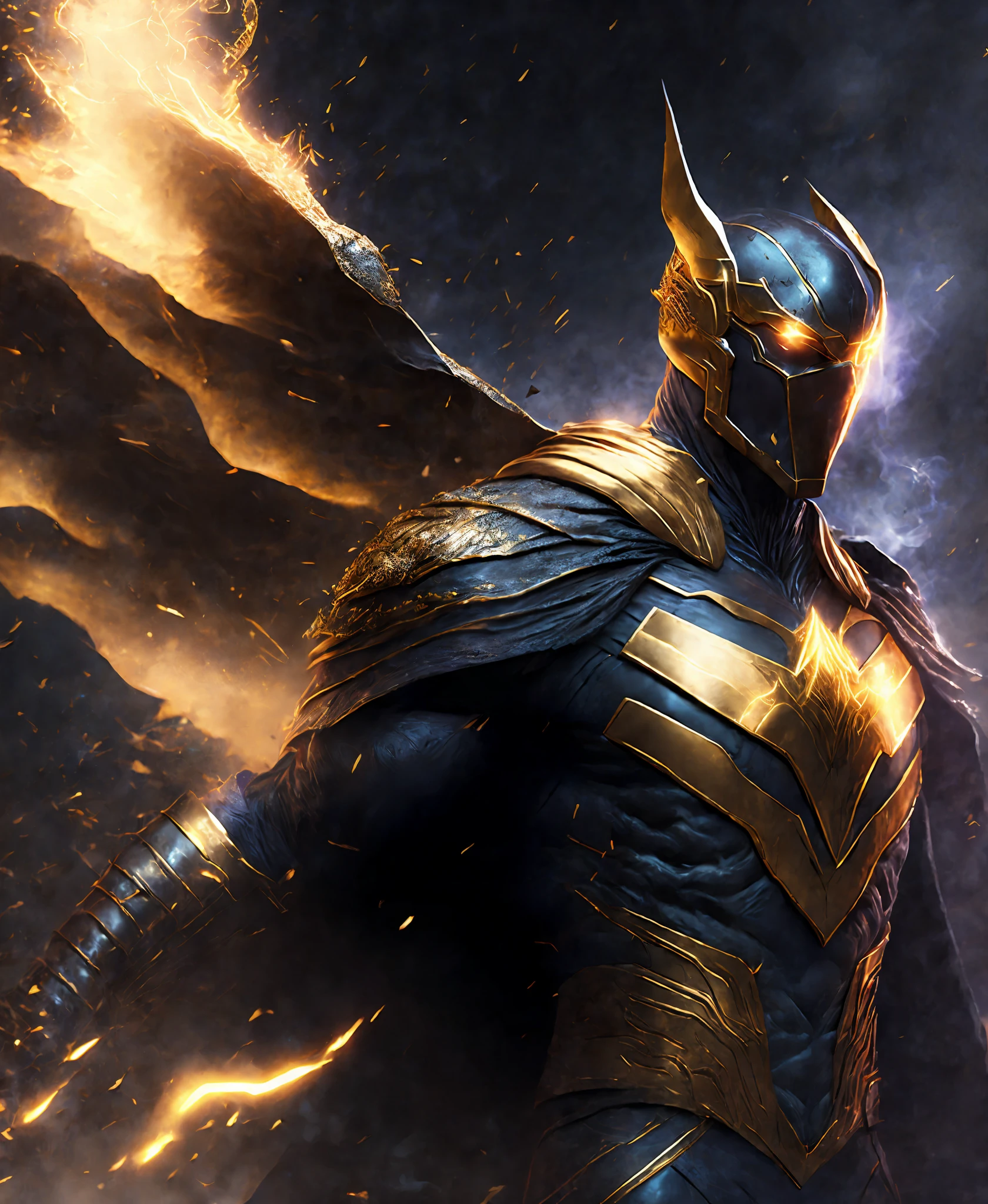 Close-up (Doctor Fate from DC in Viking style: 1.3) emerging from wet black mud, extremely detailed, smoke, sparks, metal shavings, flying debris, volumetric light