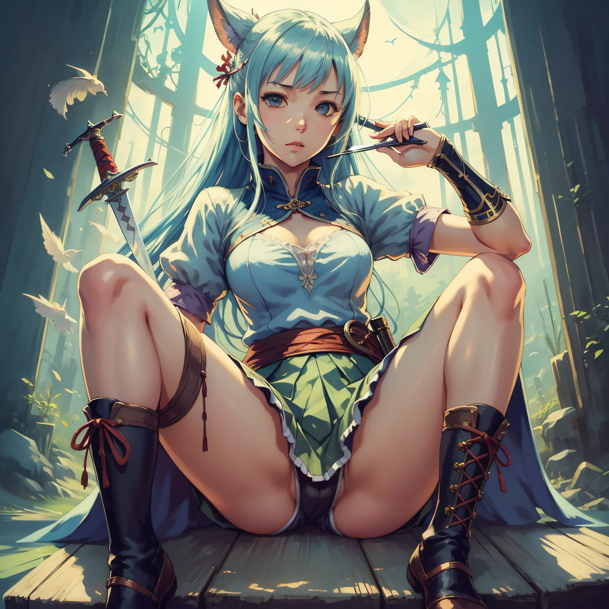 Top quality. Painting by Akihiko Yoshida. Illustration. Character design. Woman. A world of swords and sorcery. Summer. Miniskirt. Sitting and opening crotch. --auto --s2