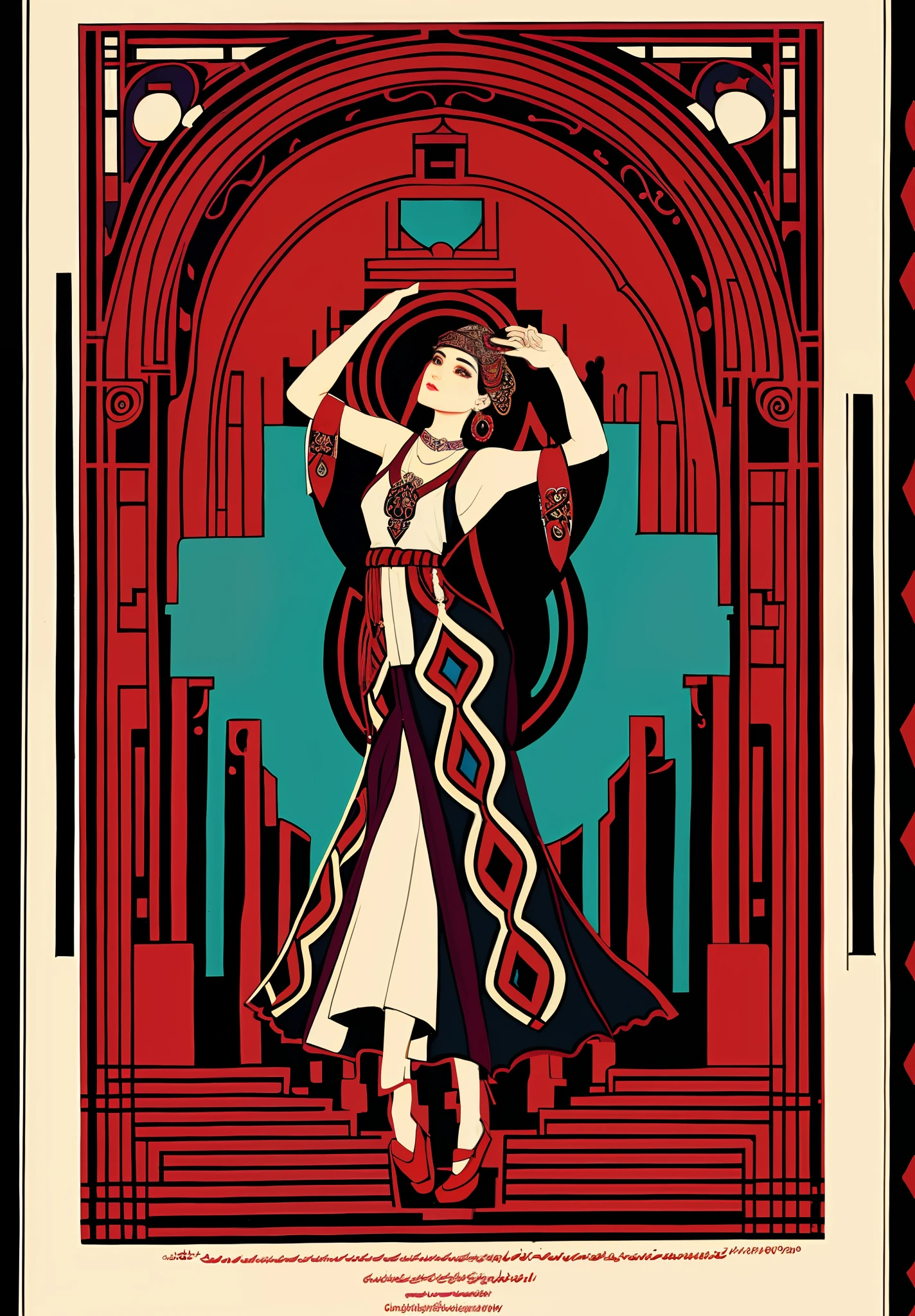 There is a woman in a dress standing in front of the building, Persian folk art style, oriental art nouveau, beautiful maiden of the Uyghur people, dancing,