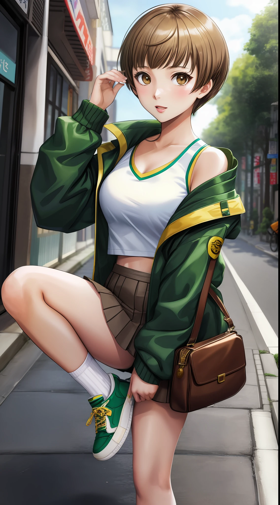 1 woman, Chie Satonaka (from persona 4, short light brown hair shaped like a bowl, white skin, brown eyes), green and yellow jacket, , bare shoulders, looking at the viewer, white socks and sneakers, lascivious short skirt, panties, ecchi, in a Japanese city park, anime style, wideshot, bare belly, blushing, sexy:1,5