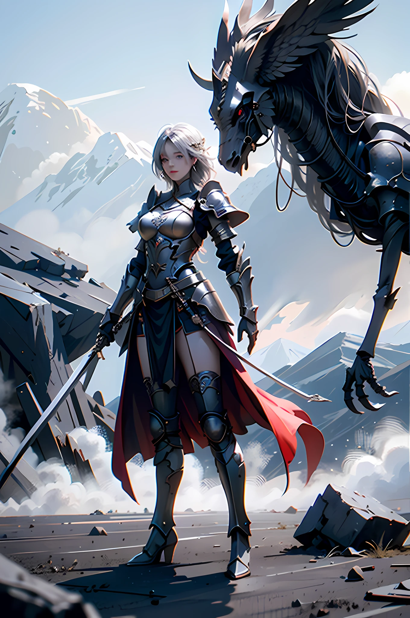 ((Two women on the battlefield)), ((Full body photo)) ((Two women, standing on a ruined building, close-up, realistic)) realistic visuals, artistic sophistication, captivating beauty, dramatic contrasts, 8k wallpaper, absurdity, incredible absurdity, golden armor, gadaxintai gaodanvshen, ((holding a silver sword)), hair floating in the air, ((in battle)), ((best quality: 1.5))