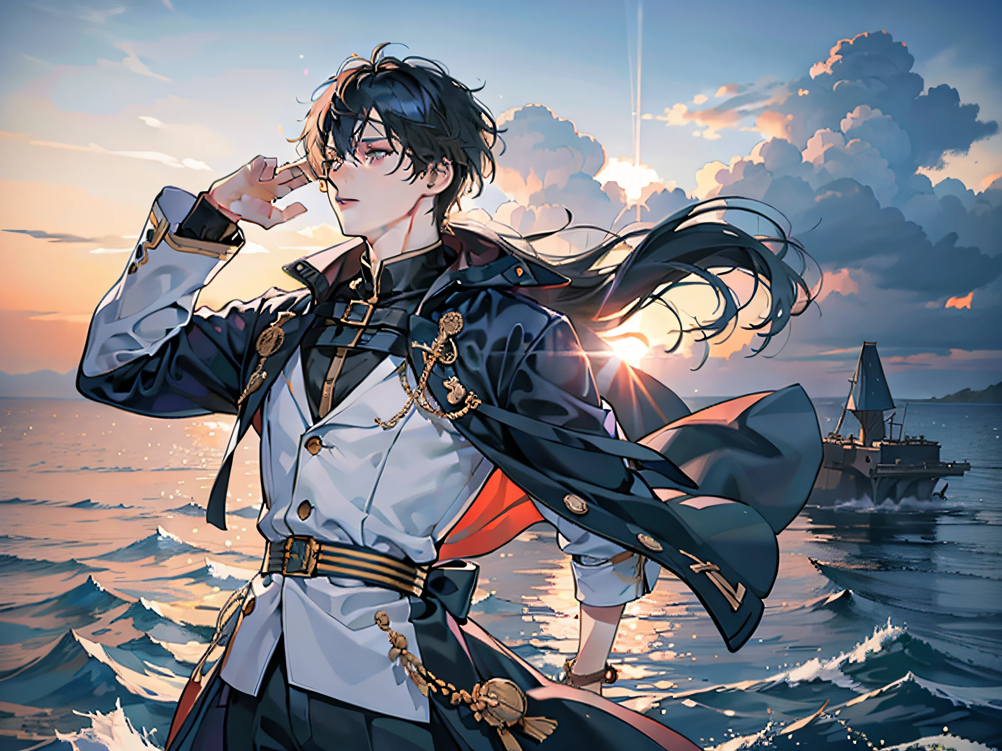 A man, plainly dressed, right hand raised, in the sea, wind and sun, highest quality, super detail, masterpiece, high resolution, (8k), (super detailed CG), octane rendering,