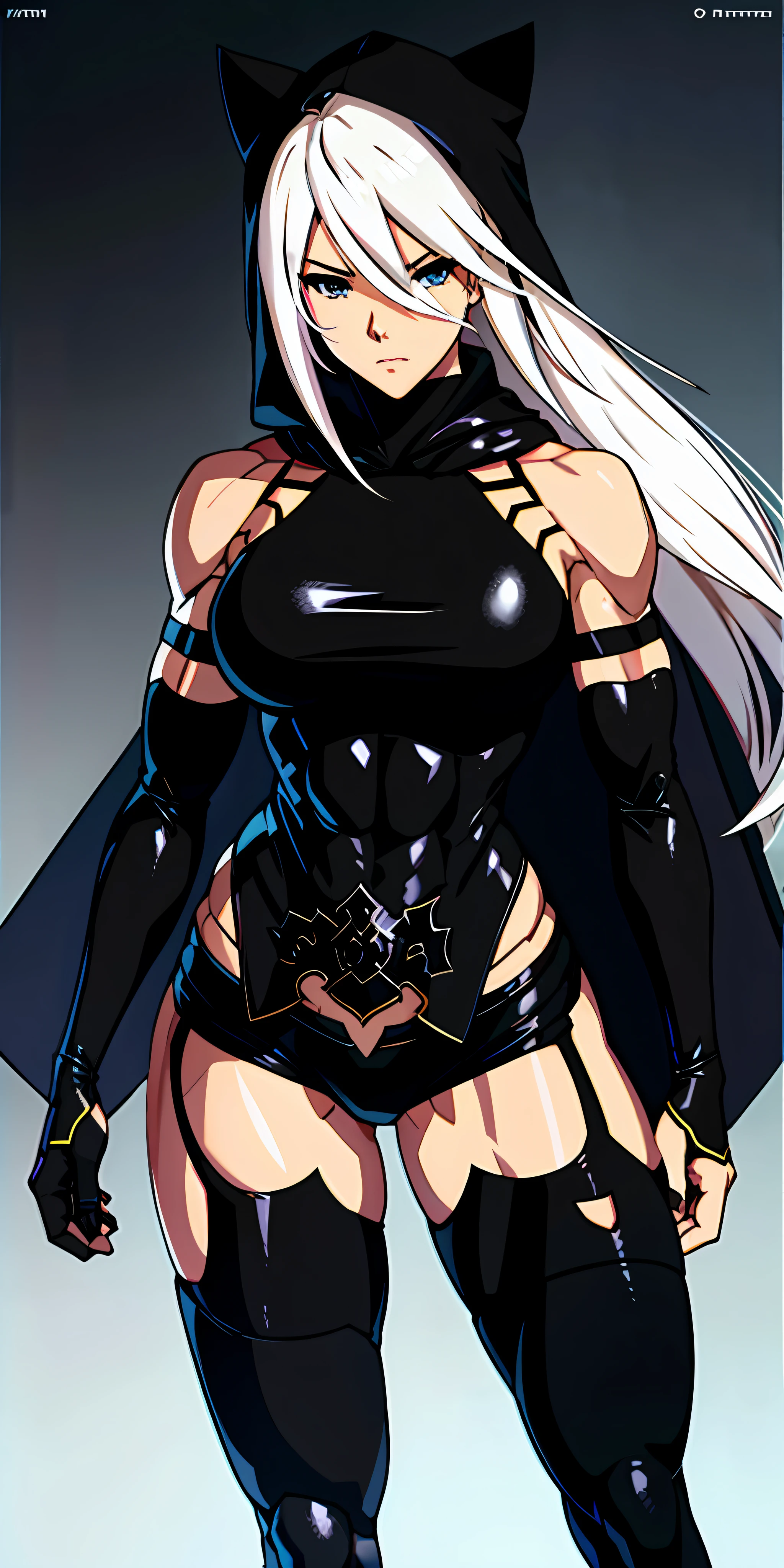 anime waifu bodybuilder, cute face, serious face, perfect body, fit body, abdomen, large breasts, muscular, A2 of nier automata, ninja outfit, with black cape and hood