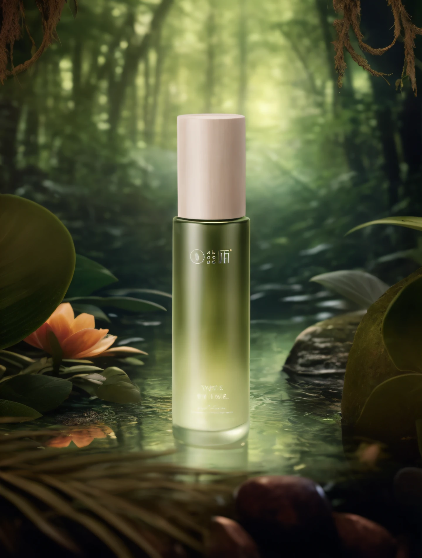 Essence from the forest, off-white lid of wood grain, frosted glass on the green bottle, standing in the stream, ripples of water and reflection in the water, Tyndall effect of sunlight passing through the leaves
