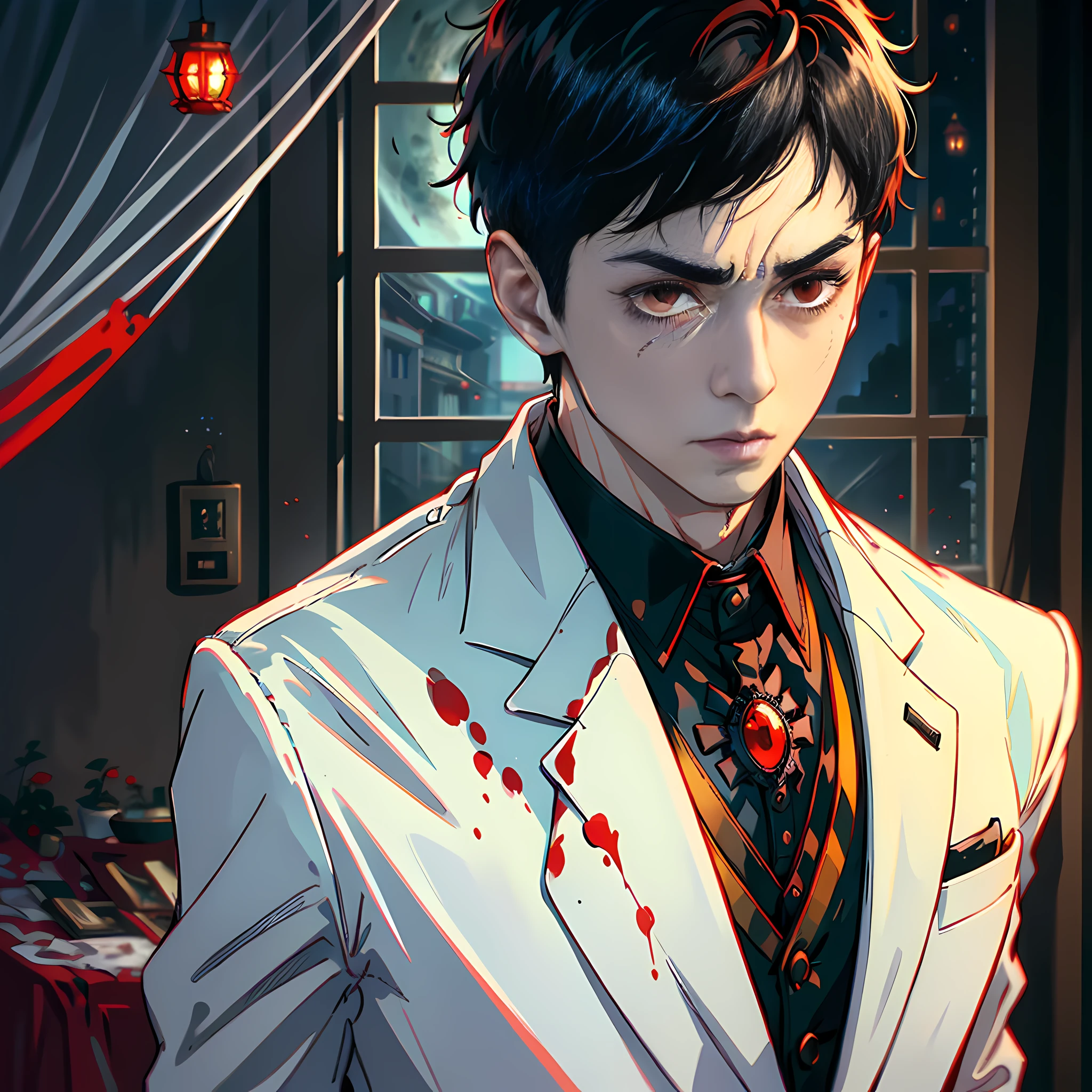 At night, by the window, Red Moon, a handsome boy, hands in front of him, about to turn into zombies, surprised, looking at his own hands, facial super detail, short black hair, white suit, red eyes, sides, facial super detail, no blood, highly real, 4K, chiaroscuro, super high detail
