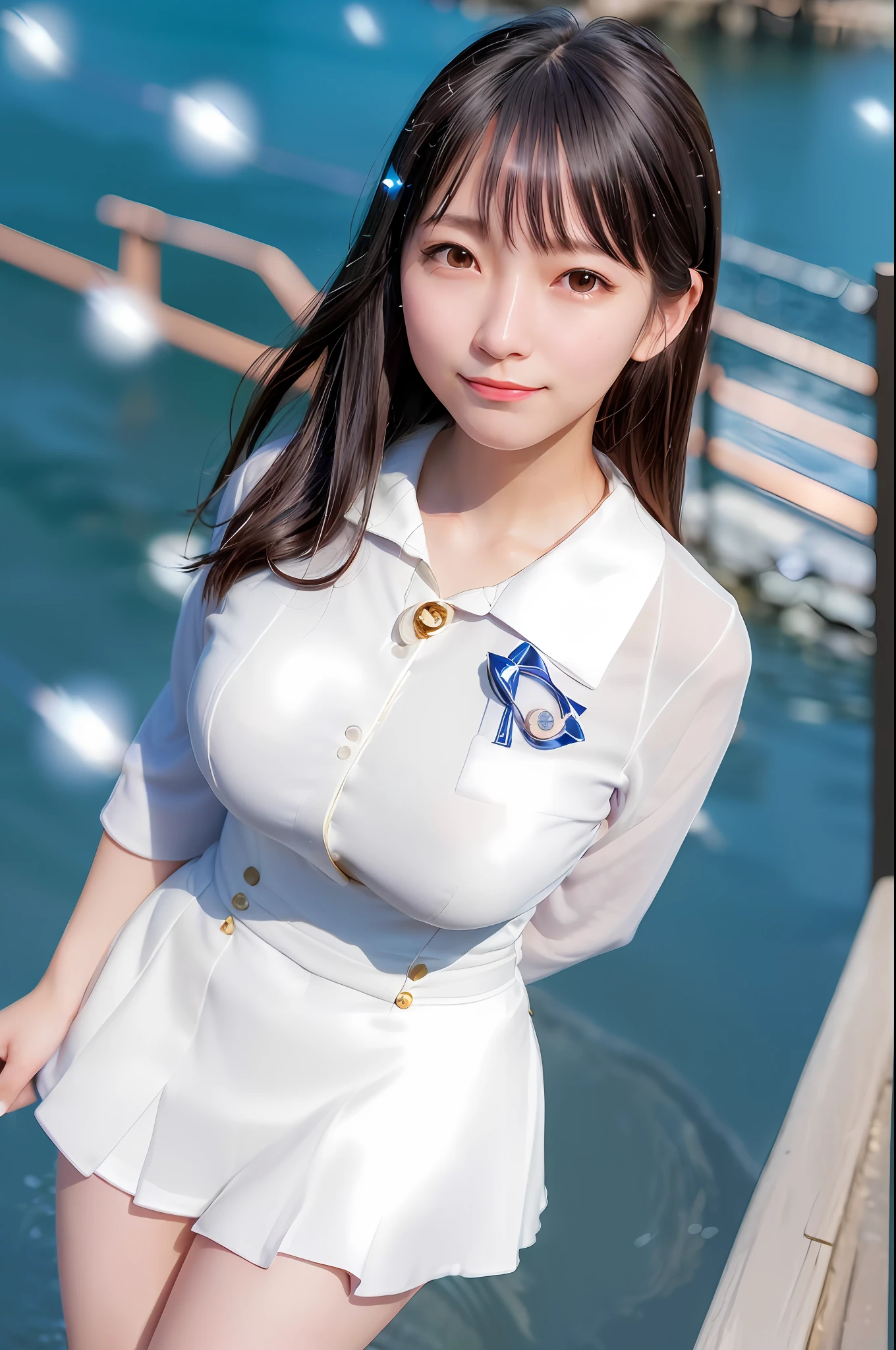 (Skin Blemishes: 1.2), (Skin Dent), Black Eyes, 1 Woman, 21 years old, ((((Female))), Solo, Realistic, Best Quality, Photorealistic, Masterpiece, 8K, High Resolution, Solo, Highly Detailed Face, (Professional Lighting, Bokeh), (Light Particles, Lens Flare, Luminous Particles: 0.6), (Dynamic Pose: 1.2), Soft Lighting, Angle View from Above Fashionable and trendy atmosphere, Japan, street, Tokyo, city, ((daytime)), sky, ((viewer's point of view: 1)), (camera perspective), (portrait: 0.6), cowboy shot, gorgeous, standing figure, keep original facial proportions, wide shoulders, full body, (huge chest), (long hair), black hair, floating hair, lips, lipstick, seductive smile, floating hair, smile, open mouth, teeth, (sailor suit), (Japan school uniform), eyelashes, mole, (mole under eyes:1), slim