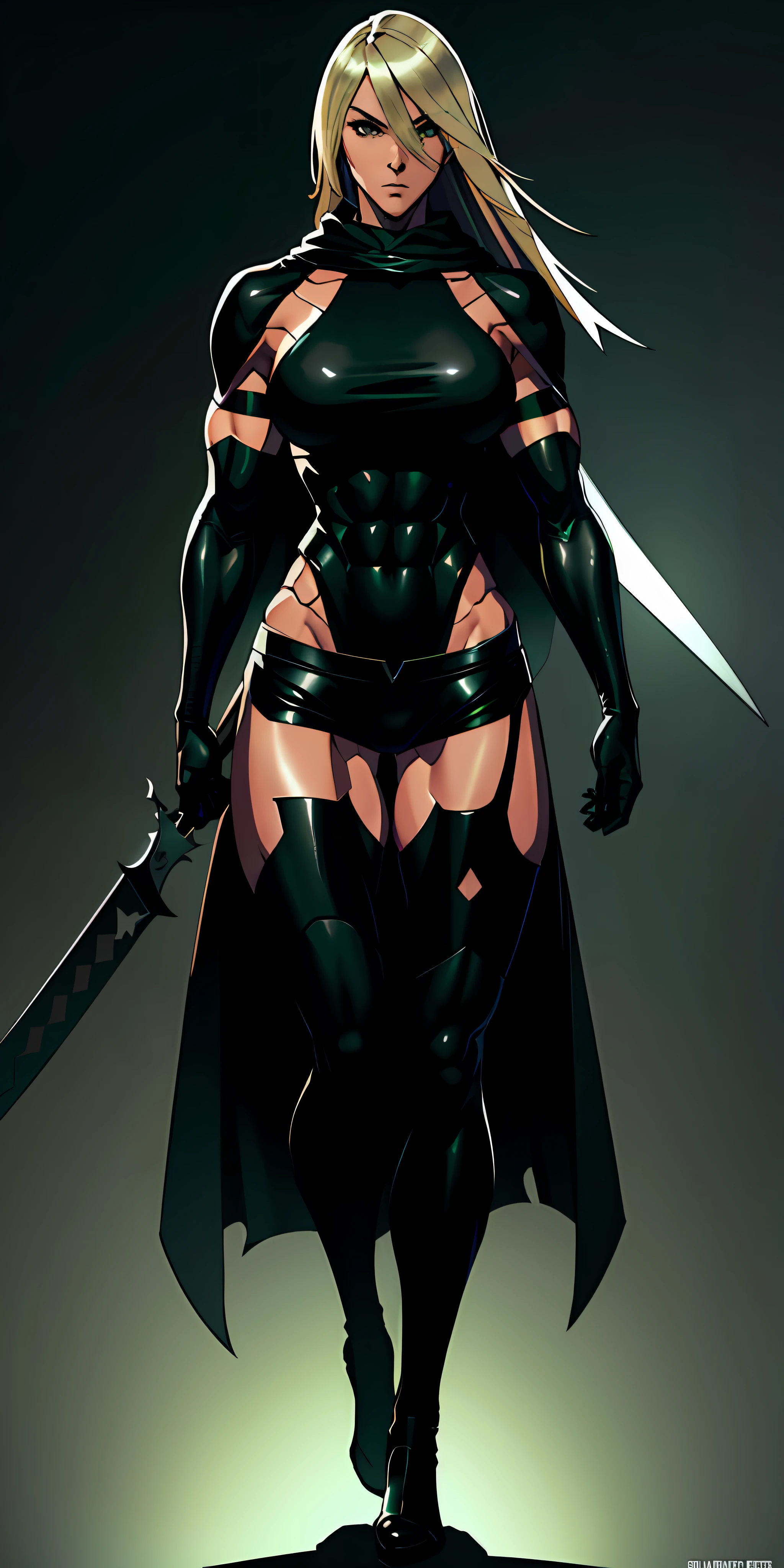 a ninja, handsome face, serious face, long blonde hair, green eyes, perfect body, fit body, abdomen, large breasts, muscular, wearing a ninja outfit, black cape, black hood, Character A2 Nier automata