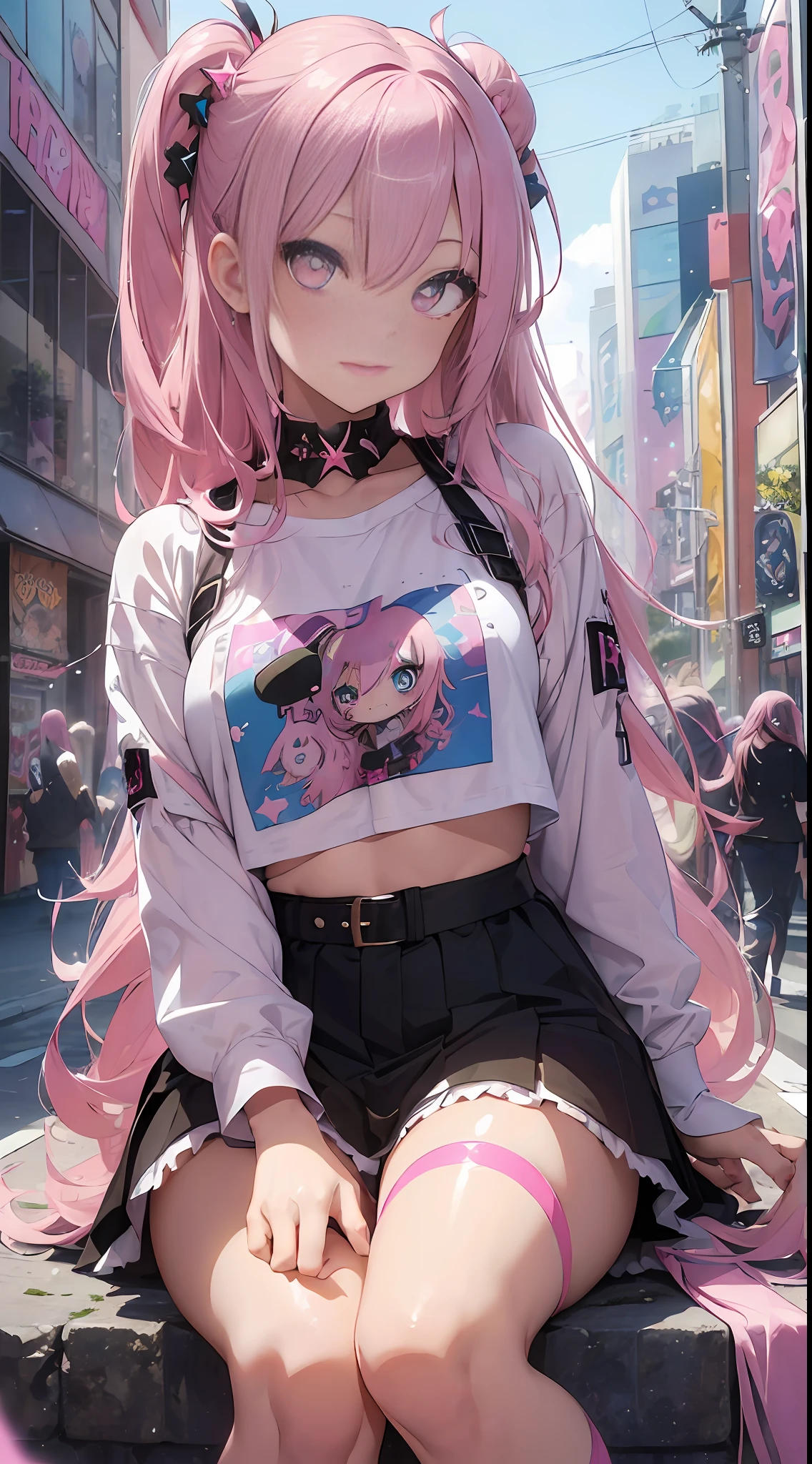 (((Masterpiece))) (1 girl) (pink hair, long hair, straight hair, both sides up) (green eyes), beautiful face, eyeshadow, eyeliner, glow eyes, hyper detail eyes, complex eyes, beautiful eyes, detailed eyes, ((star-shaped pupils, glowing pink pupils)) 18-year-old girl. ((Wearing a Harajuku-style fashion)). Smile,sit in harajuku