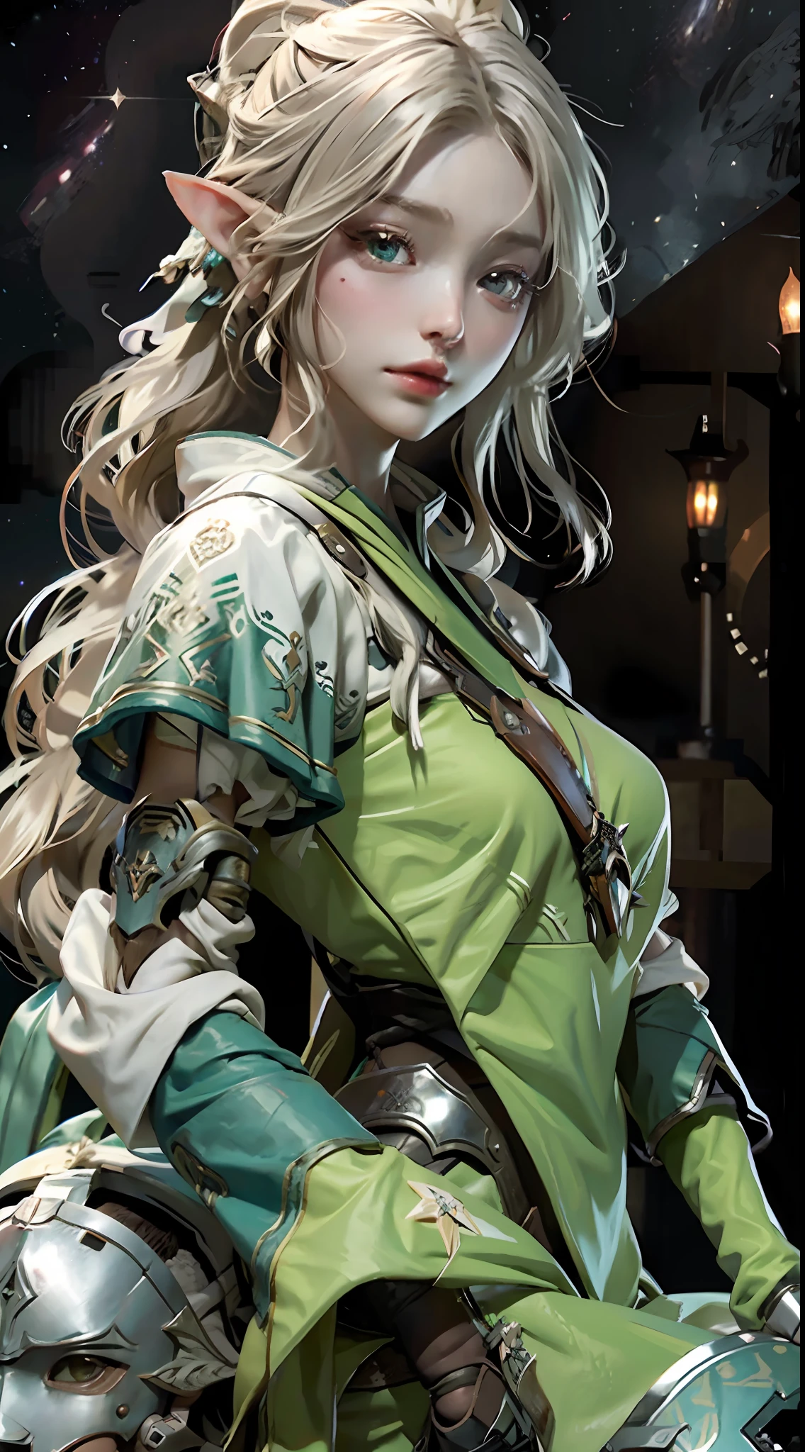 Prairie, an elven girl, riding a motorcycle, goggles, knight, night, Zelda dressed up, starry