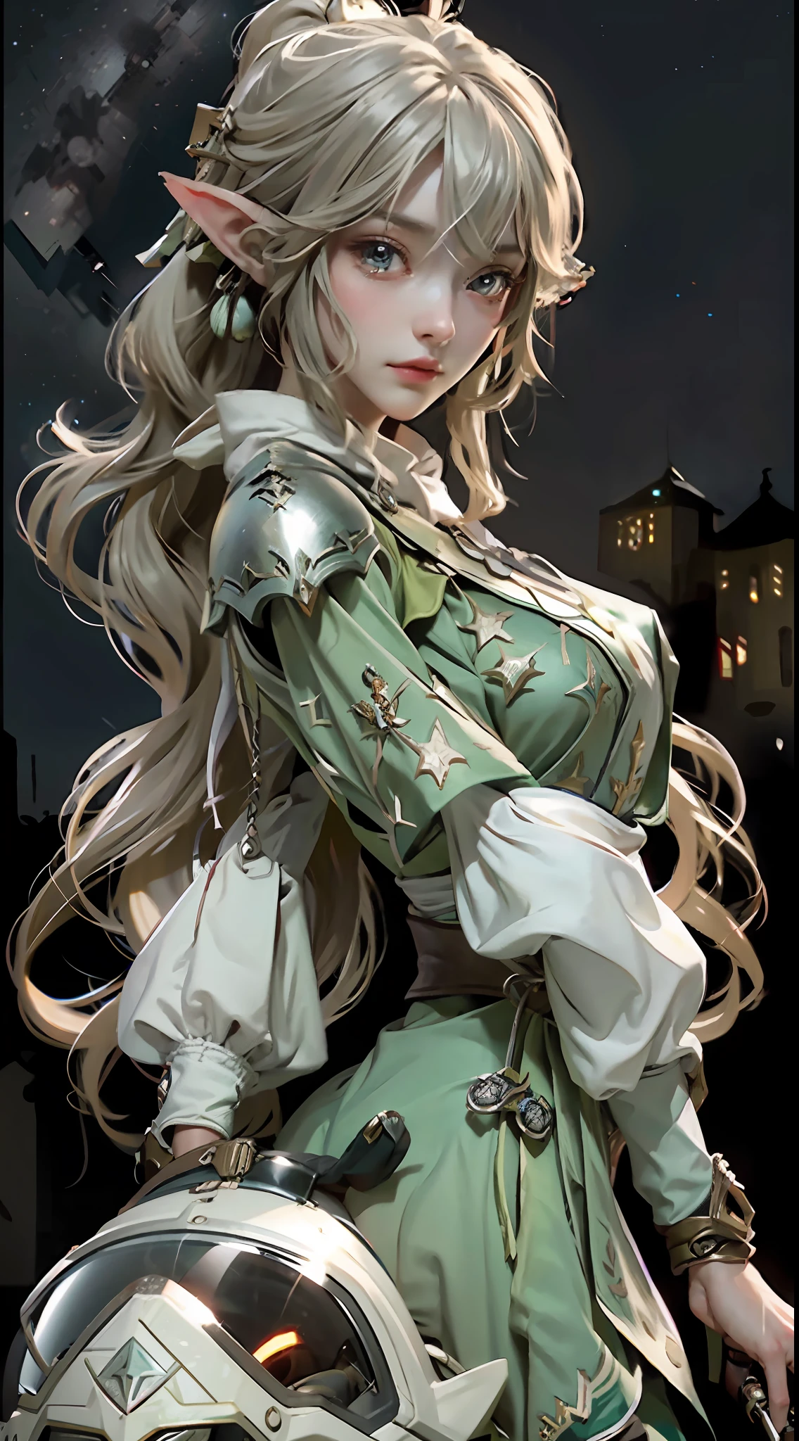 Prairie, an elven girl, riding a motorcycle, goggles, knight, night, Zelda dressed up, starry
