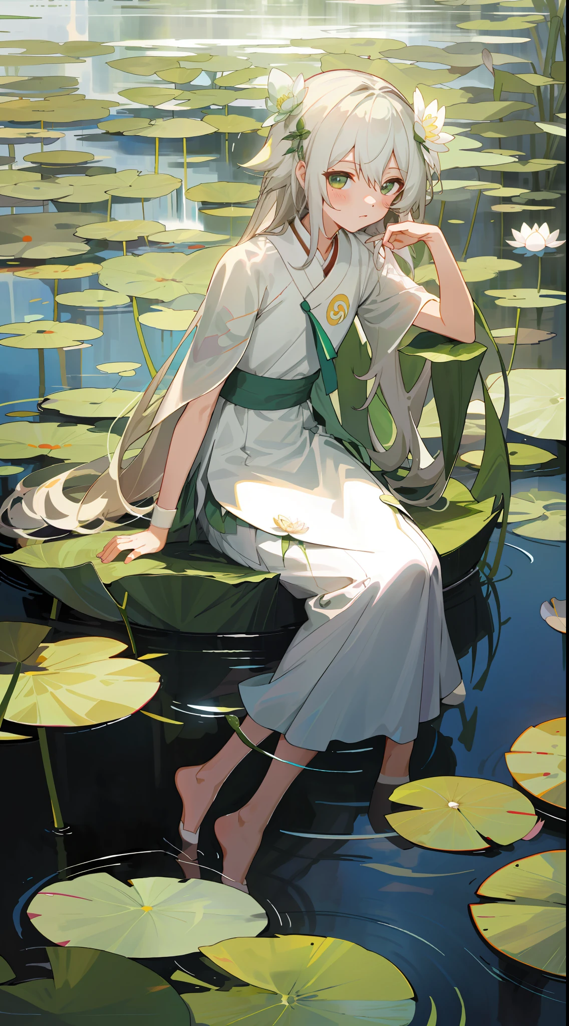 There is a girl sitting on a leaf, (white clothes), fresh color scheme, there is a plush toy, Guvez style artwork, popular on cgstation, illustrated by Li Song, soft anime, lying on a water lily mat, sitting on a lotus flower, cute and meticulous digital art, cute art style, in the pond, Yang J, cute digital art, Guvitz, sitting by the pond