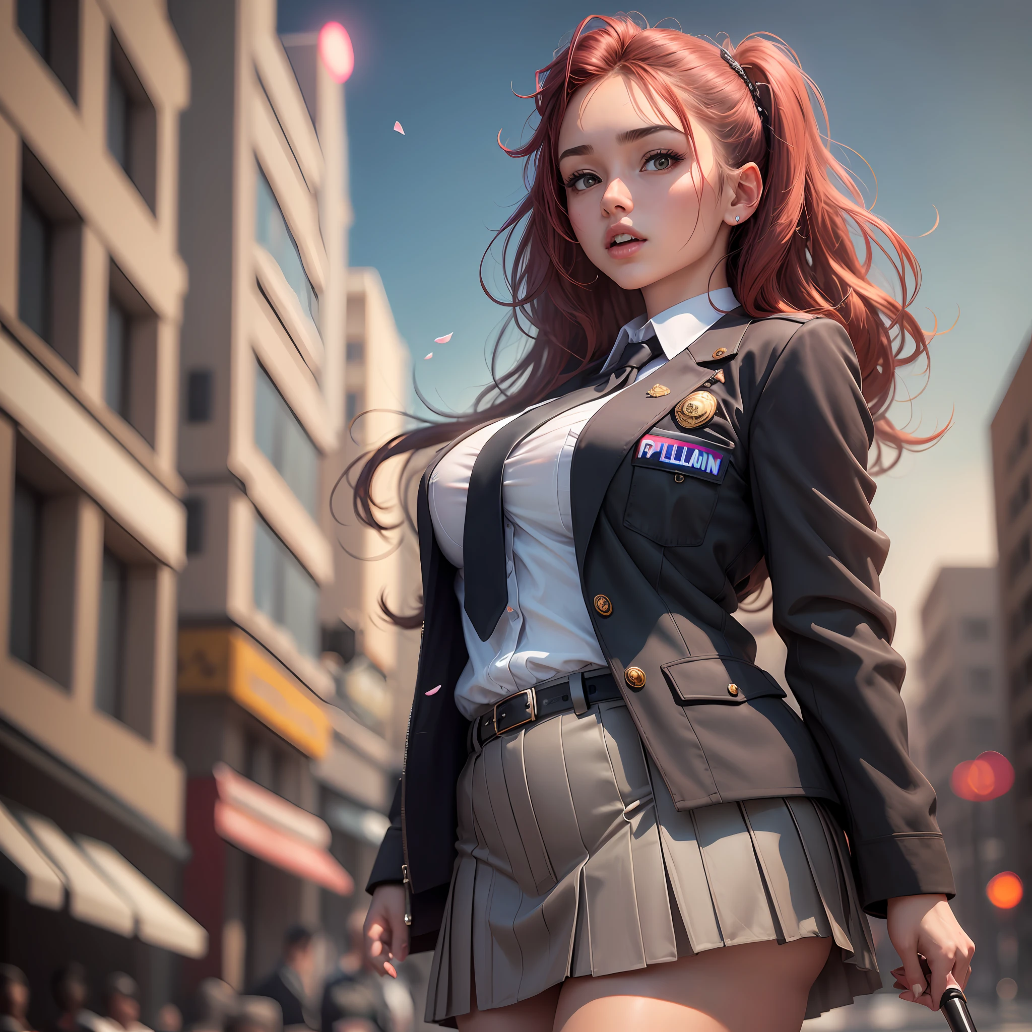 best quality, masterpiece, 1girl, Beautiful face, (photo realistic:1.3), glow skin, a red colored rose in her hair on the head, rim lighting, (high detailed skin:1.2), 8k uhd, dslr, high quality, high resolution, 4k, 8k, Bokeh, absurdres, best ratio four finger and one thumb, (realistic:1.3), cute 1girl, wearing black formal blazer, medium breasts, short skirt, (((behind her policeman standing with gum)))