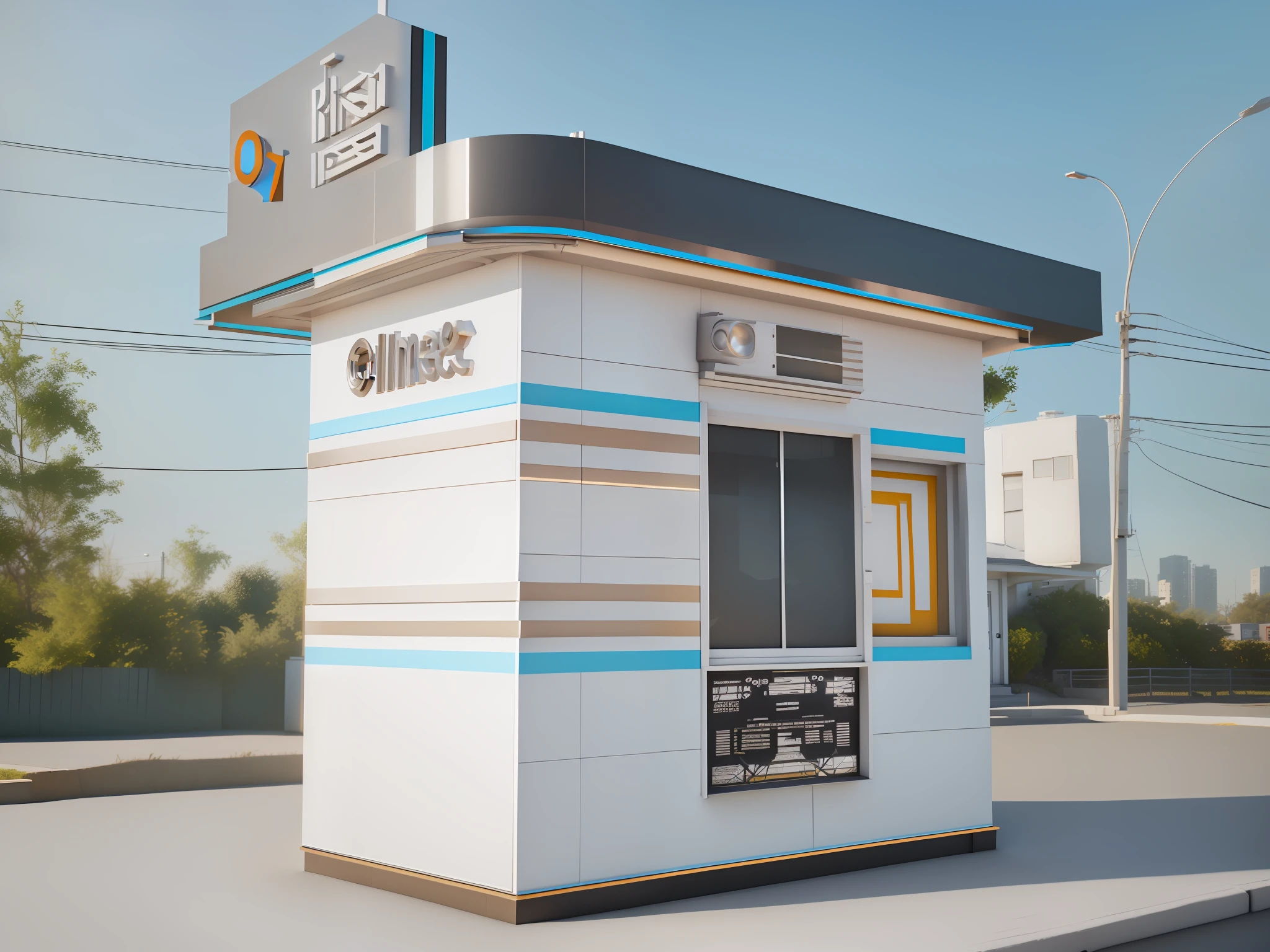 there is a small white building with a sign on it, pbr render, rendered in cinema4d, rendered in cinema 4 d, 3 d renders, rendered in lumion, rendered in keyshot, rendered in lumion pro, highly detailed hyper real retro, bw 3 d render, rendered in 3 dsmax, rendered in corona, finalrender, rendered in arnold