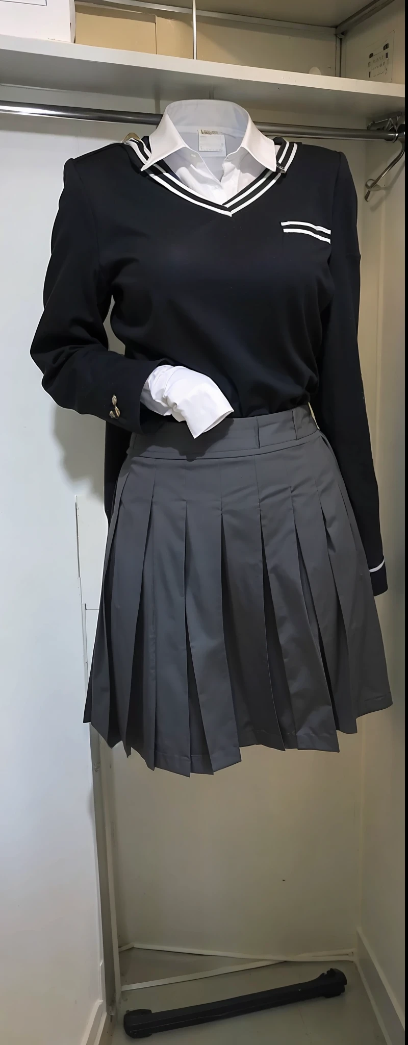 hanger school uniforms in closet raise their sleeves as if invisible girl wear it, school uniforms swells as if possessed by invisible girls, school uniforms have huge breasts, (((((no humans))))), (headless), faceless, invisible girls, (hanger), (in closet), hand on hip, (masterpiece), ((invisible)), huge breasts, very short skirt