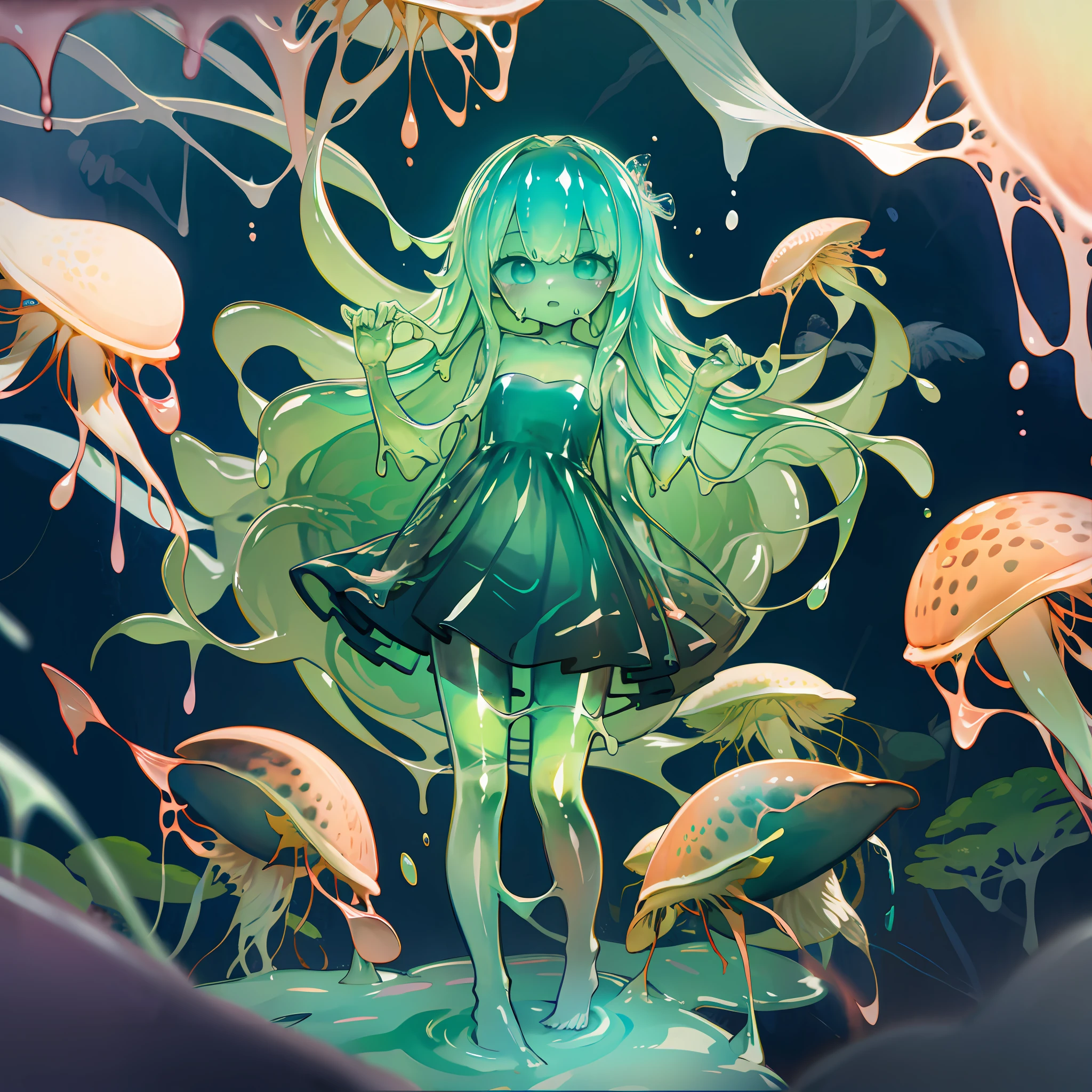 Anime Loli, Slime Girl, No Clothes, Full Body Green, Deep Sea, Jellyfish Head, Fish