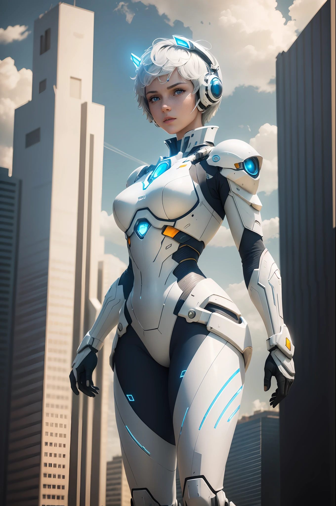 ((Best Quality)), ((Masterpiece)), ((Reality)), (Detailed), (Realistic:1.5),
A futuristic girl with a perfect figure, (white tight mech), (blue ear-length short hair), blue eyes, freckles, lights on armor, cybernetic headdress, standing posture, pointing to the sky, full body picture,
Looking at the audience, dynamic poses, post-apocalyptic, destroyed city background, buildings on fire,
Science Fiction, HDR, Ray Tracing, NVIDIA RTX, Super Resolution, Unreal 5, Subsurface Scattering, PBR Textures, Post Processing, Anisotropic Filtering, Depth of Field, Maximum Sharpness and Acutance, Rule of Thirds, 8K Original, (Very Detailed CG, Unity 8k wallpaper, 3D, Cinematic lighting, ), Reflection, Sharp Focus,