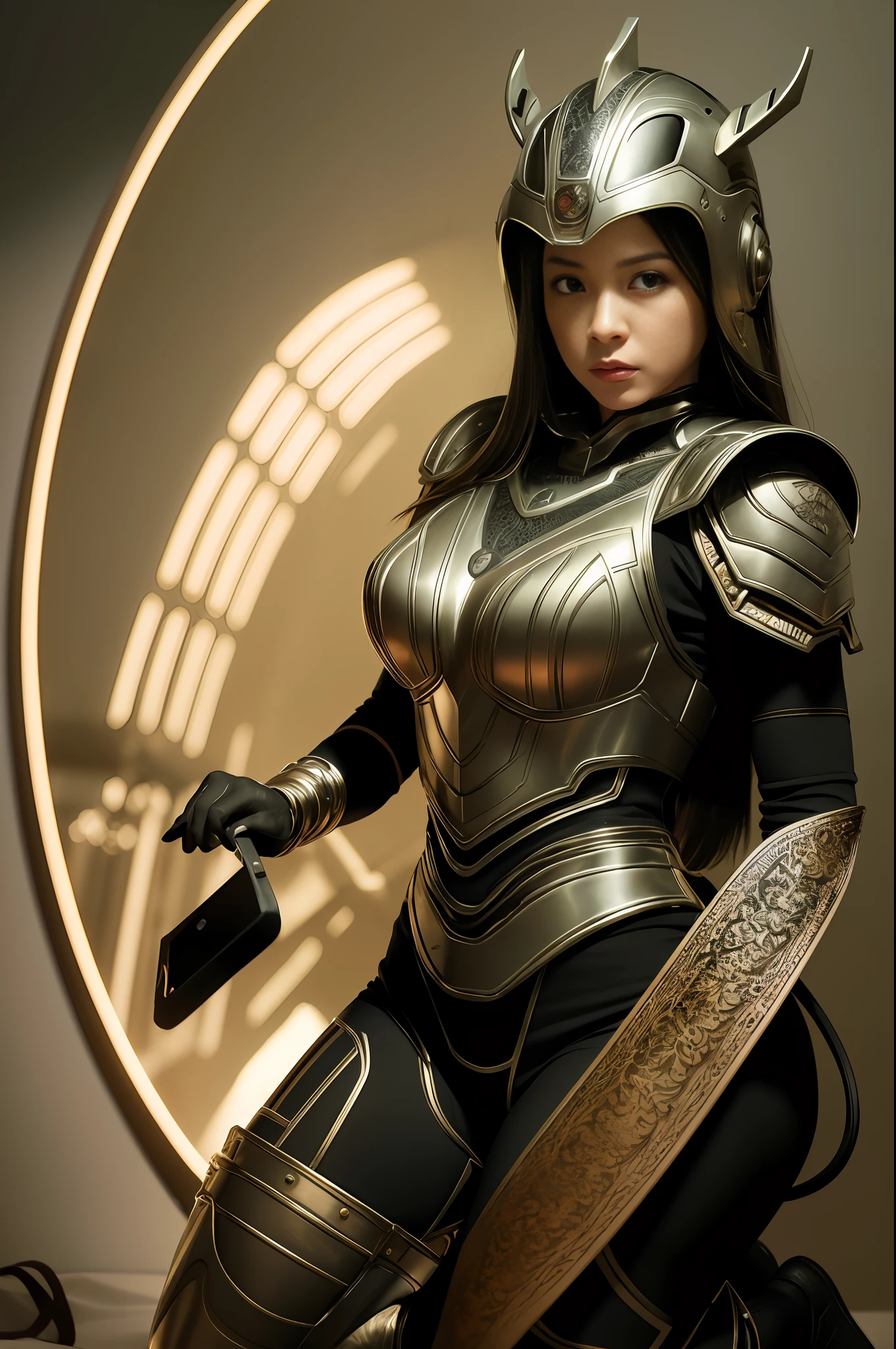 (8K, Top Quality, Masterpiece: 1.2), (Realistic, Photorealistic: 1.37), Super Detail, Super Realism, Anatomically Correct, 1 Woman, No Pan, (Japan Armor Helmet), Japan, Edo Period, Beautiful Studio Soft Light, Rim Light, Vivid Detail, Gorgeous Cyberpunk, Lace, Surreal, Anatomical, Facial Muscles, Cable, Wire, Gear, microchip, siliconware, LED, elegant, beautiful background, octane rendering, HR Giger style, 8k, best quality, masterpiece, very delicate and beautiful, very detailed, cg, wallpaper, ( realistic, photorealistic: 1.37), fantastic, elaborate, masterpiece, best quality, official art, highly detailed cg unity 8k wallpaper, absurd, incredible absurdity, whole body, kneeling, camera gaze, mirror sphere, warm colored lights, camera gaze