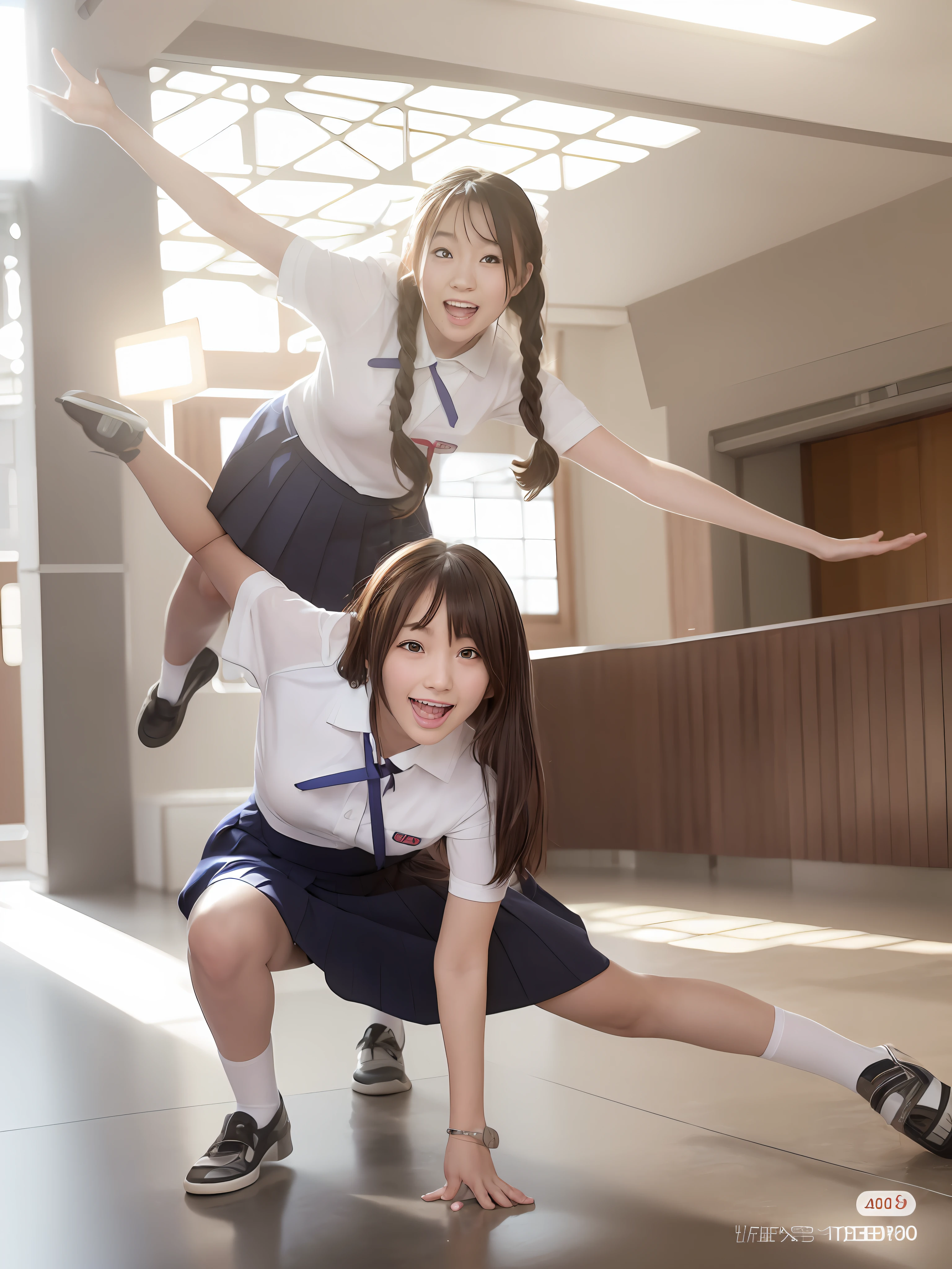 two girls in school uniforms are doing a handstand pose, two japanese schoolgirls posing, seifuku, japanese school uniform, wearing japanese school uniform, japanese girl school uniform, wearing school uniform, anime pose, twintails, japanese high school, still from a live action movie, jk uniform, wearing a school uniform, scene from live action movie, kantai collection style