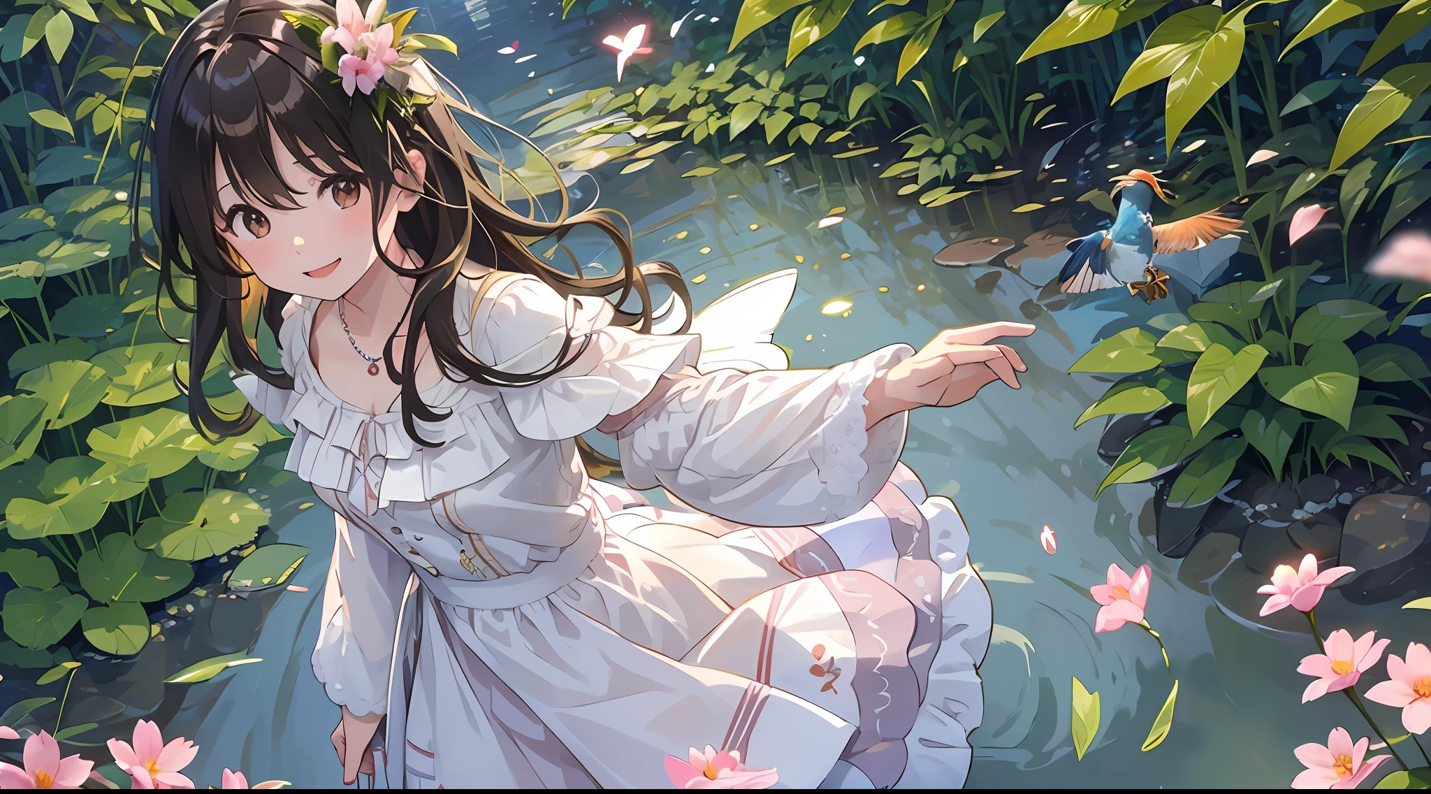 ((SFW)),Masterpiece,(High Quality),(Photoreal))),(Cinematic Direction),(High Contrast),(Depth of Field: 1.2)(Award-winning difference photo),Face details,Detailed drawing,There is a place in the forest where flowers bloom, Girl dancing in a snow-white summer dress in the flower field,Animals are happily jumping around the girl, Colorful little birds and butterflies flying around the girl,The girl is 11 years old,Black hair very long hair,Flower crown, full body figure, summer sky, summer clouds, summer dazzling sunlight, flower garden, girl with open arms, dancing, necklace, smile, smile, happy, fun, girl looking up at the sky, deer, flapping duck, flapping goose, hummingbird, European bulbul, kingfisher, European orli, butterfly, dazzling halo light, (dazzling glow: .1.4, (glow: 1.3), backlit, (colorful petals soar in the wind),