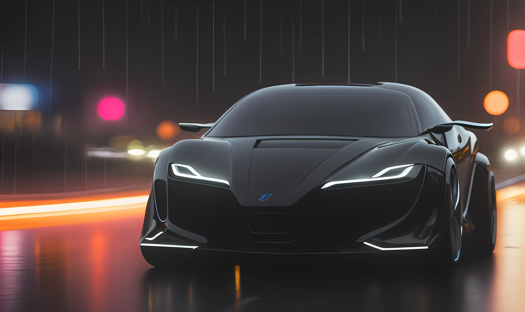 Alladid view of car with halo in the rain, black car, concept car, futuristic concept car, smooth lines, powerful power, rendering of futuristic supercar, car in picture driving on rainy street, unmanned street, heavy rain, splash on wheels, realistic rendering, real light and shadow, reflective details, city neon background, high resolution