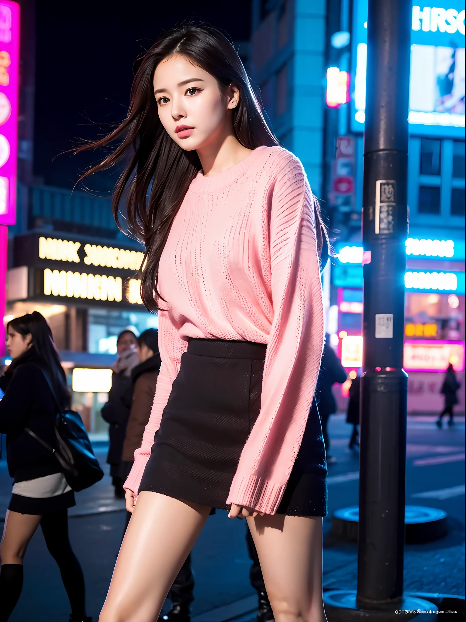 pretty girl in a pink knitted sweater, long hair, black hair, miniskirt, backlight, detailed eyes, city street in the background, high heels, high resolution, photorealistic