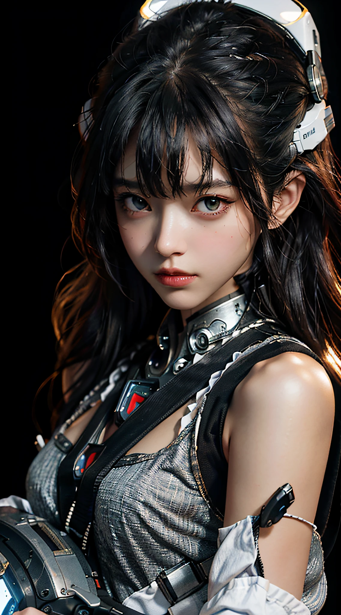 Highest image quality, outstanding detail, ultra-high resolution, (realism: 1.4), the best illustration, favor details, highly condensed 1girl, with a delicate and beautiful face, dressed in black and white mecha, (torn clothes: 1.5), wearing a mecha helmet, holding a direction controller, riding on a motorcycle, the background is a high-tech lighting scene of the future city.