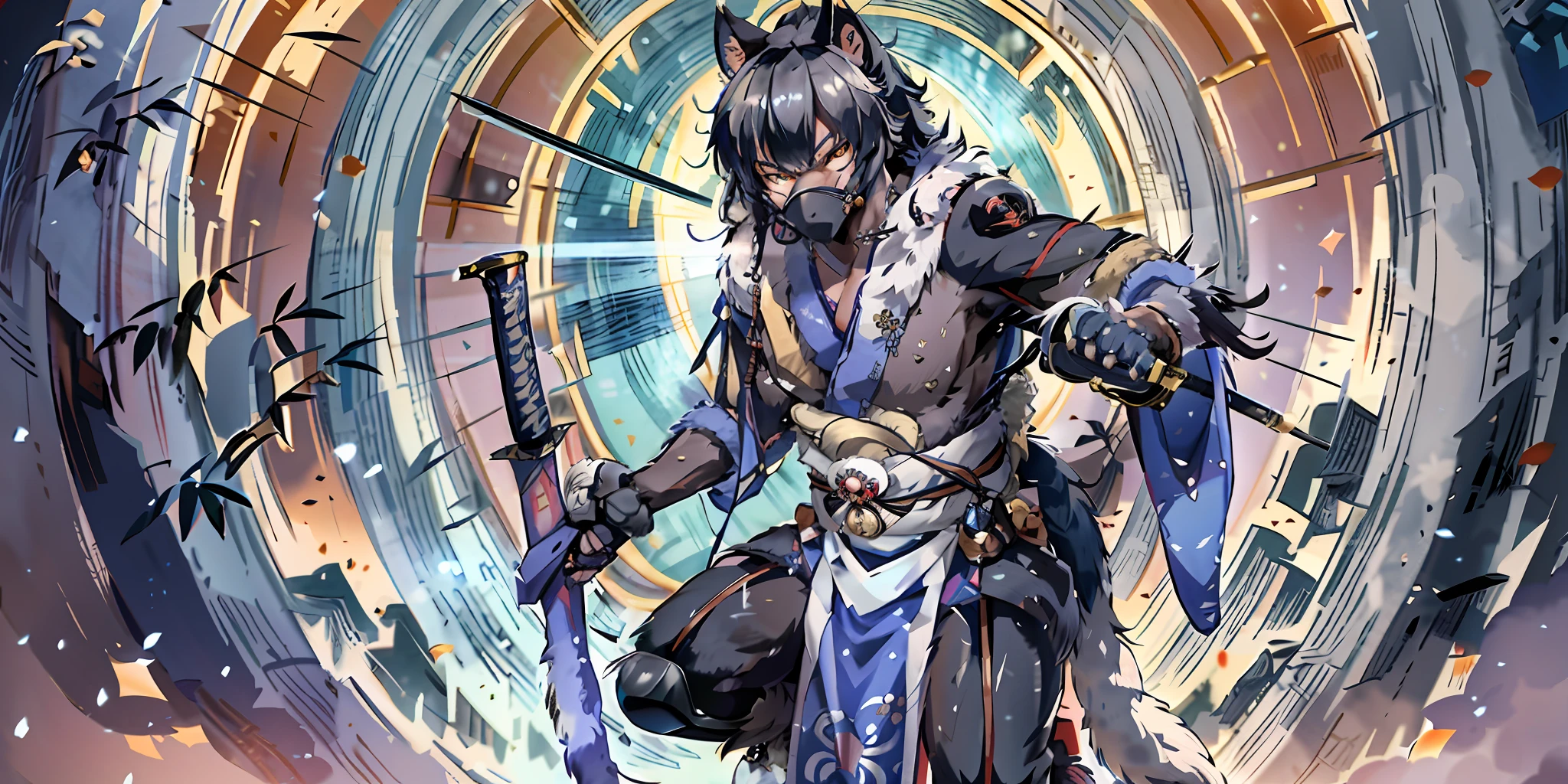 Top quality ultra-fine illustrations, movie poster, Zatoichi, Blind Swordsman, shuimobysim, Chōjū-jinbutsu-giga, picture scroll, monochrome(bamboo forest, dark night with beautiful full moon, rays of light through bamboo, backlighting) (beautiful face and eyes with great detail) absurdres perfect anatomy ((Beastman))) (furry, solo focus, Japanese kimono, ninja, samurai, sword with blue flames, battle duels) (furry anthro:1.7) ((((furry body, wolf facial features, wolf body features)))) ((((wolf muzzle highly detailed fur)))) full body, sturdy look, shouting, combat regime (dynamic pose),