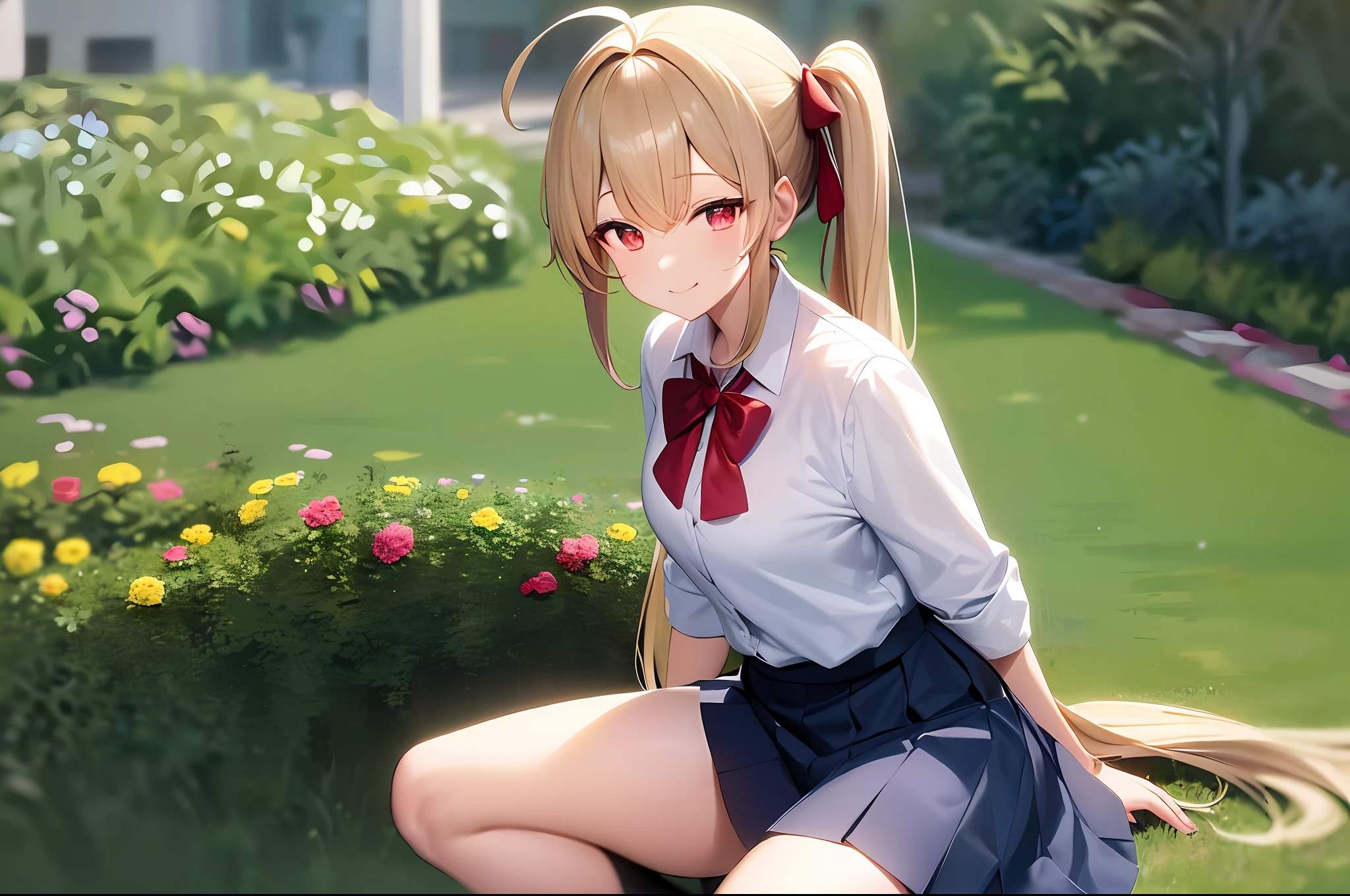 Masterpiece, Best Quality, High Resolution, In1, Side Ponytail, Long Hair, Ahoge, White Shirt, School Uniform, Blue Skirt, Long Sleeve, Red Bow, White Socks, Black Vest, Garden, Sit, Smiling, Blonde, Red Eyes, Middle School, Solo,