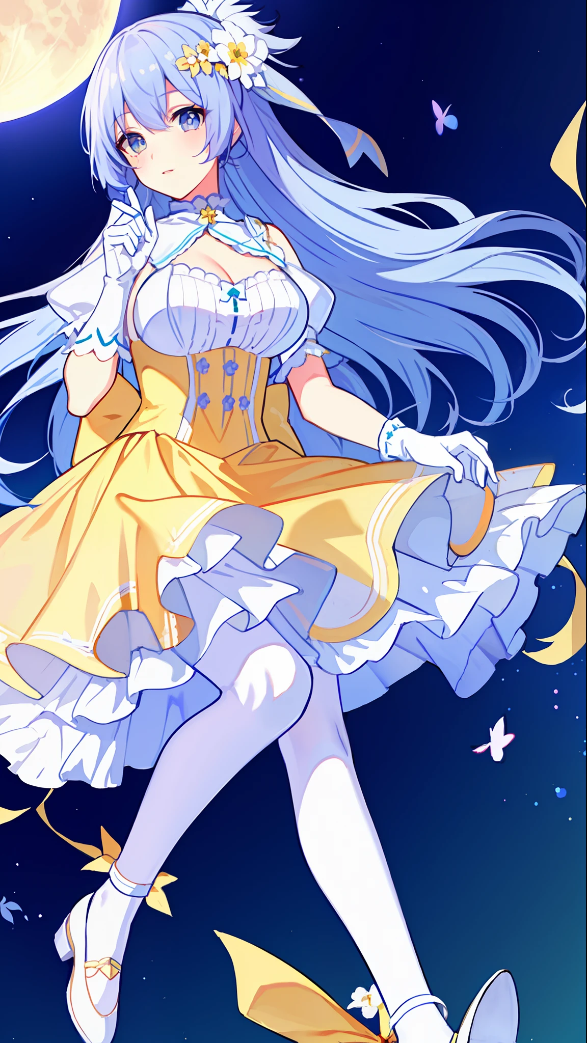 Left-facing, ((((Masterpiece)))), (((Best Quality))), (((Very Detailed))), Detailed Fingers, Illustration, 1 Girl, Solo, Long Sky Blue Hair, Violet Colored Eyes, Flower Hair Ornament, White Feather Hair Ornament, Yellow Moon Hair Ornament, Wide Open Chest, Large Breasts, Large White Ribbon at the Waist, Yellow Idol Dress, With White Flowers, Choker with Yellow Ribbon, White Gloves, White Tights , Yellow Shoes, MIKU, Royal Elegant Pose,