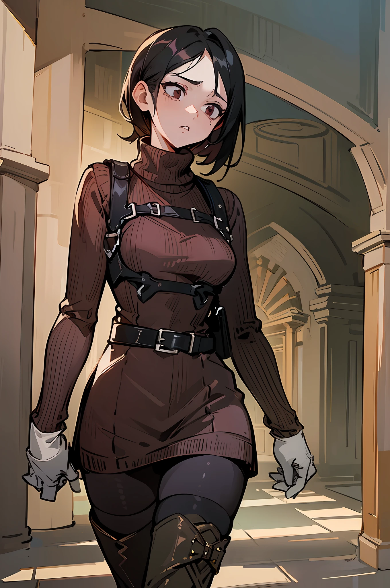 masterpiece, young, best quality, in zombie home, ((worried ..expression)) ,1girl, RE4, sweater dress, turtleneck, Red ribbed sweater, thigh high boots, harness, best quality, masterpiece, highres gorgeous design, best quality