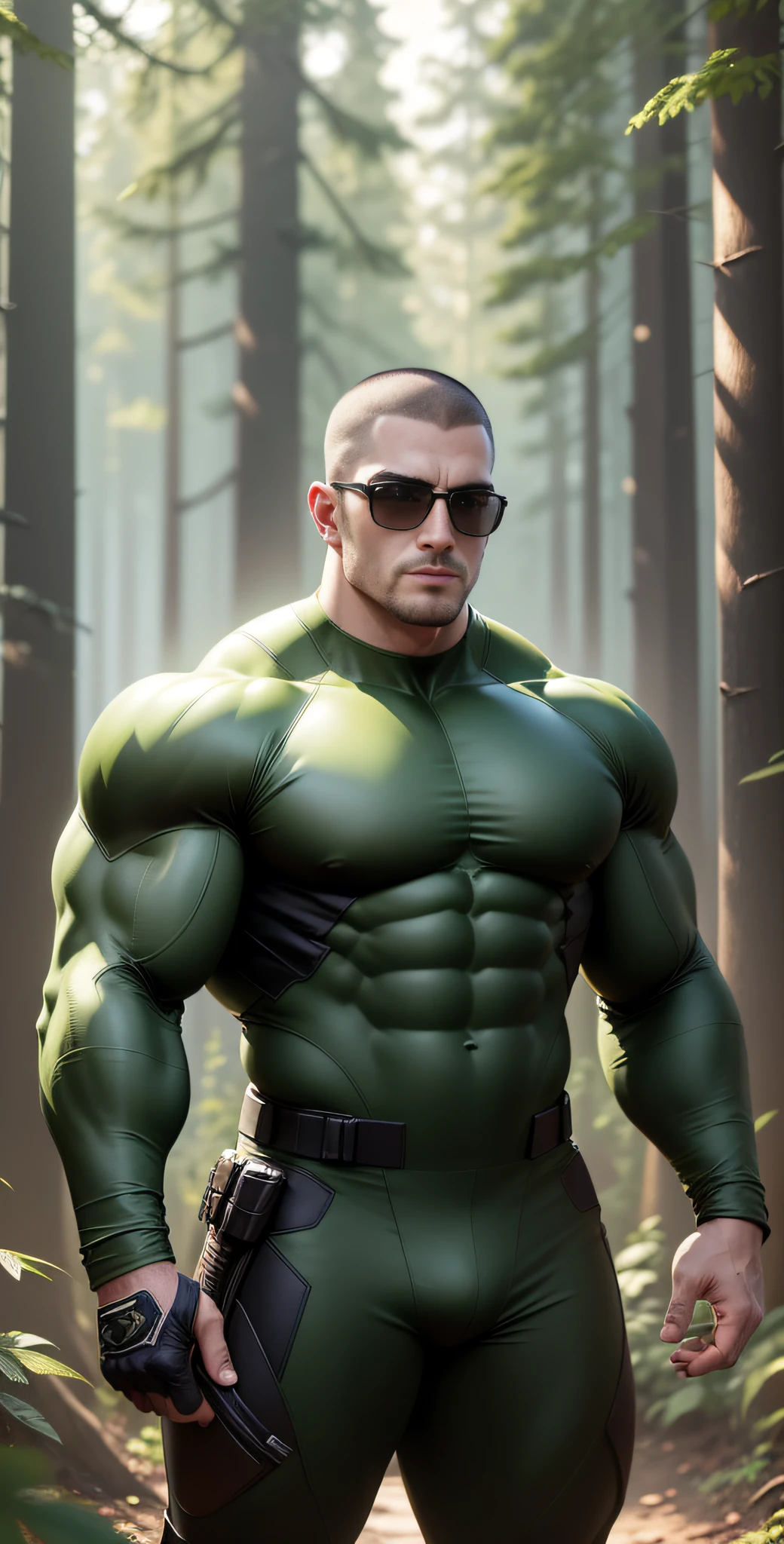 Man in green and black clothes standing in sunny forest, American round head, Buzz Cut, national character face, tall and burly, muscular male hero, heroic male pose, muscular! Wearing sunglasses, skins brand white stealth suit, super buff and cool, high resolution committee, character design police, sneakers, charismatic strong male with armor, sunlight shining through the gaps in the woods