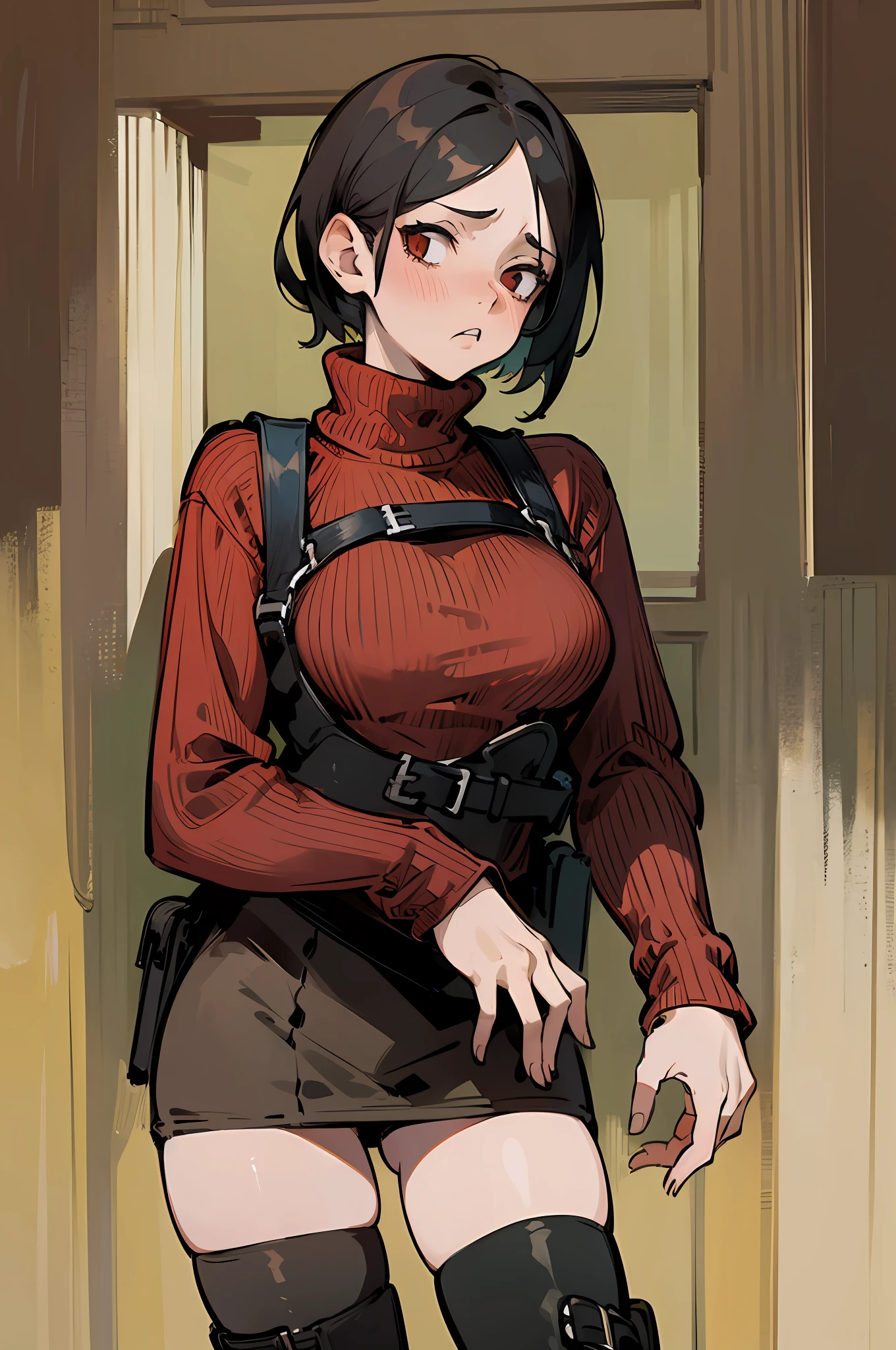 masterpiece, young, best quality, in zombie home, ((worried ..expression)) ,1girl, RE4, sweater dress, turtleneck, Red ribbed sweater, thigh high boots, harness, best quality, masterpiece, highres gorgeous design, best quality