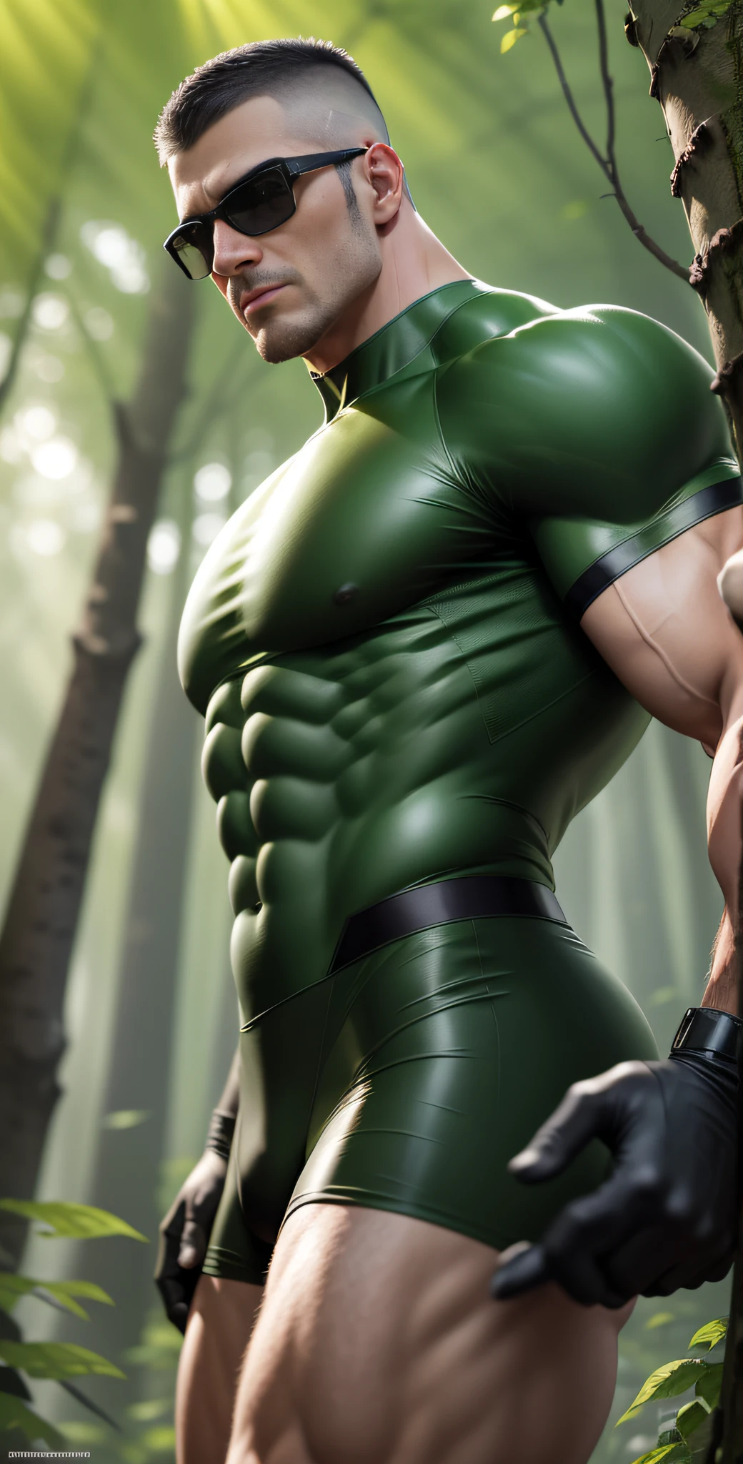 Man in green and black clothes standing in sunny forest, American round head, Buzz Cut, national character face, tall and burly, muscular male hero, heroic male pose, muscular! Wearing sunglasses, skins brand white stealth suit, super buff and cool, high resolution committee, character design police, sneakers, charismatic strong male with armor, sunlight shining through the gaps in the woods