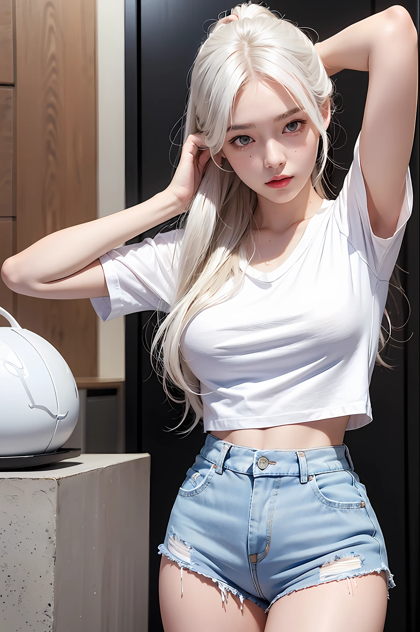 photorealistic, high resolution, 1 girl, white wavy hair, korean, heterochromia eyes, small mole below eye, loose white shirt, tight jean shorts, large breast, large thighs, panty visible
