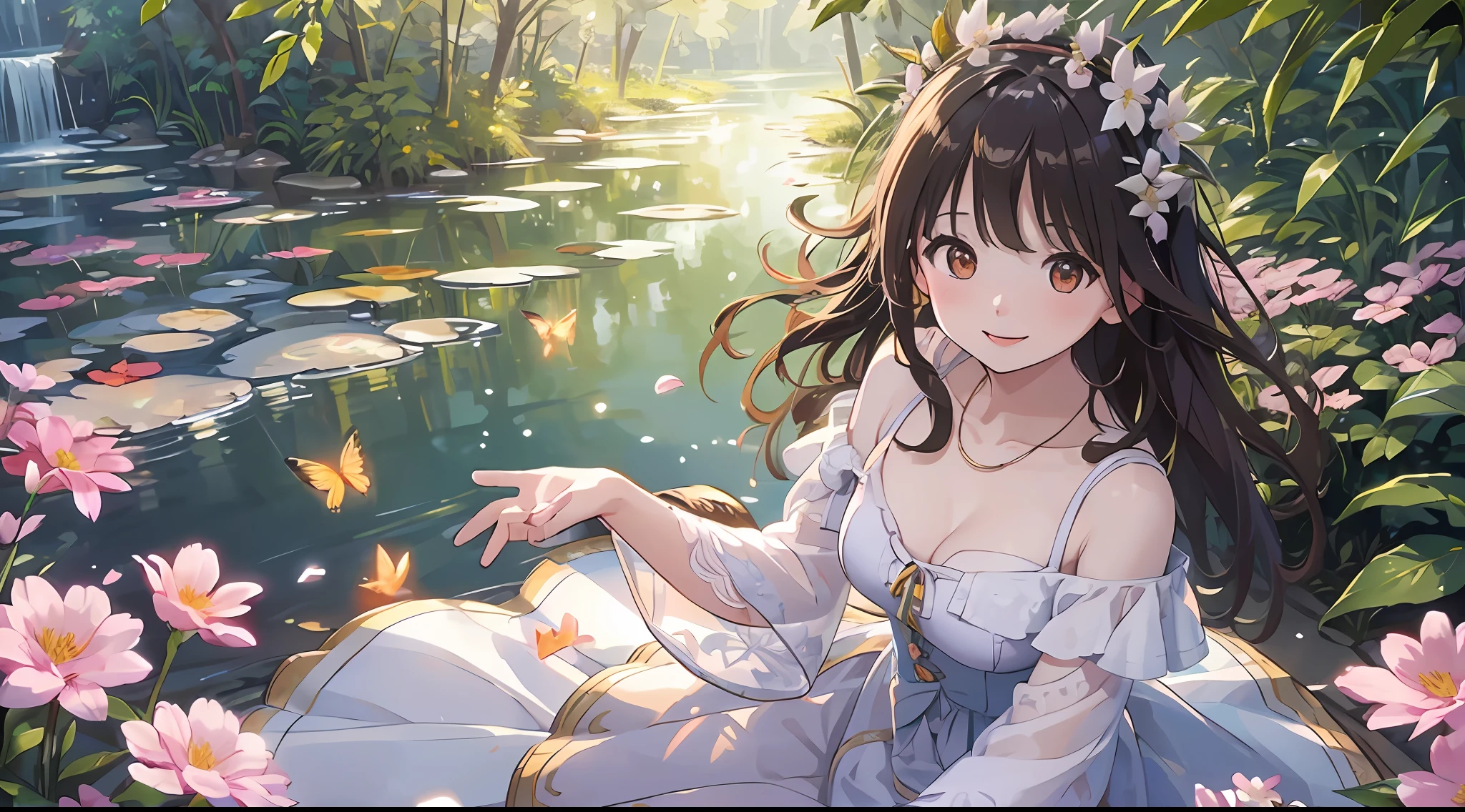 ((SFW)),Masterpiece,(High Quality),(Photoreal))),(Cinematic Direction),(High Contrast),(Depth of Field: 1.2)(Award-winning difference photo),Face details,Detailed drawing,There is a place in the forest where flowers bloom, Girl dancing in a snow-white summer dress in the flower field,Animals are happily jumping around the girl, Colorful little birds and butterflies flying around the girl,The girl is 11 years old,Black hair very long hair,Flower crown, full body figure, summer sky, summer clouds, summer dazzling sunlight, flower garden, girl with open arms, dancing, necklace, smile, smile, happy, fun, girl looking up at the sky, deer, flapping duck, flapping goose, hummingbird, European bulbul, kingfisher, European orli, butterfly, dazzling halo light, (dazzling brilliance: .1.4, (glow: 1.3), backlit, (colorful petals soar in the wind: 1.4),