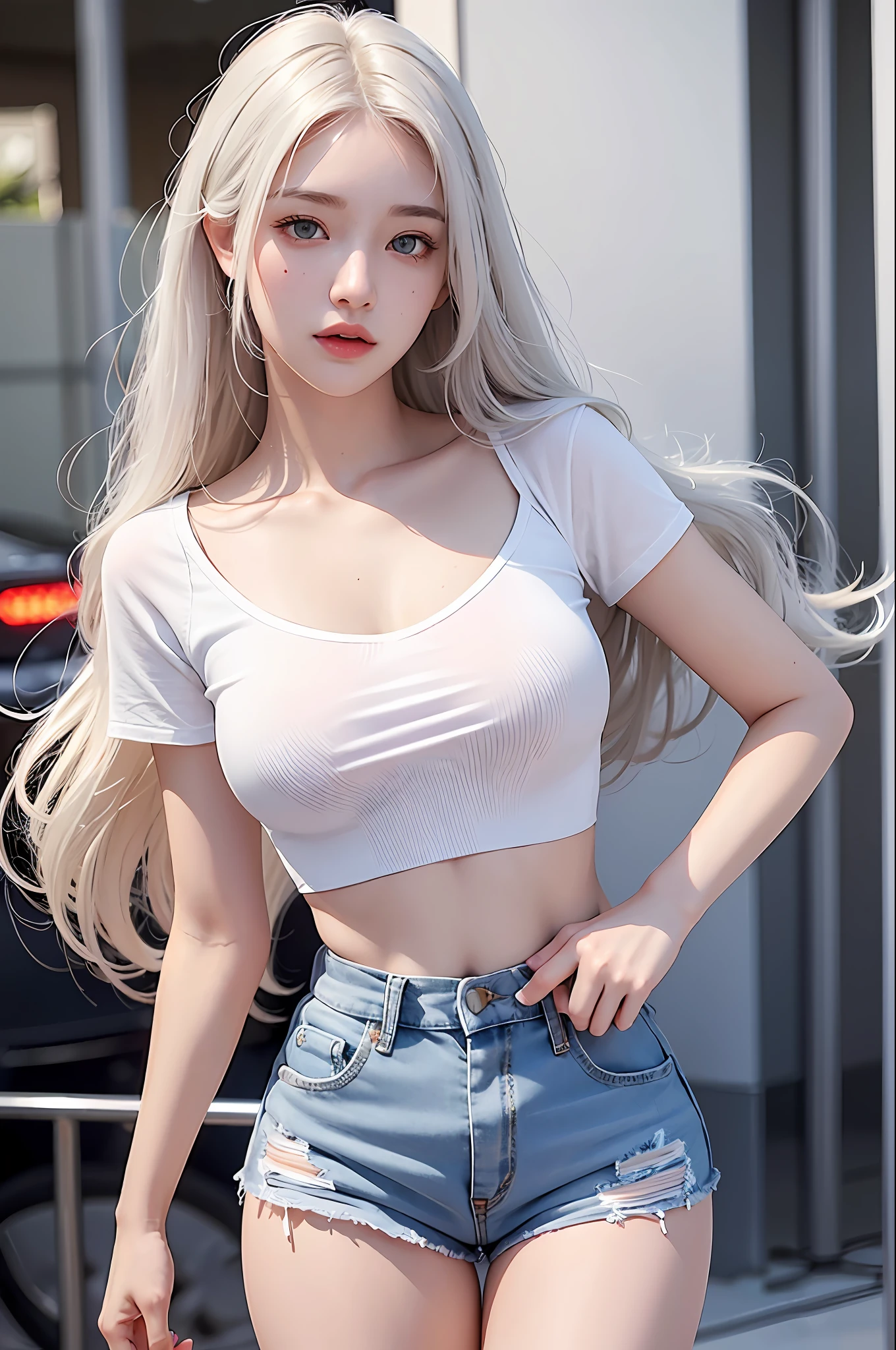 photorealistic, high resolution, 1 girl, white wavy hair, korean, heterochromia eyes, small mole below eye, loose white shirt, tight jean shorts, large breast, large thighs, panty visible